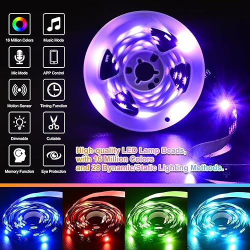 Miniatura 5 de Tira de luz LED con sensor de movimiento de 19.68 pies para debajo de la cama, 3 modos, sincronización de música, temporizador, cambio de color RGB,