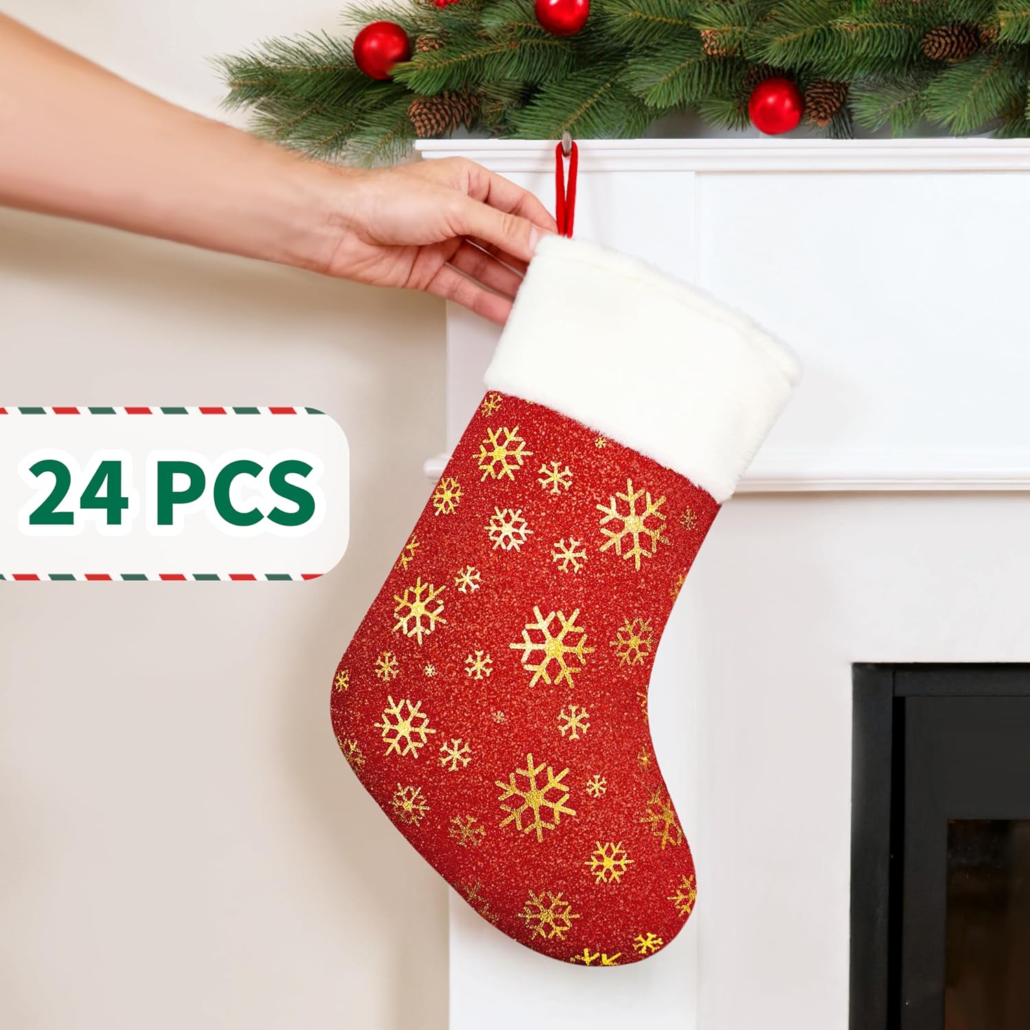 24PCS Bulk Christmas Stockings,18"Large Red Velvet with White Plush Cuff Xmas Stocking,Felt Flannel Faux Fur Stockings with Golden Snowflakes,Thickened Christmas Stockings Bulk for Fireplace Mantel