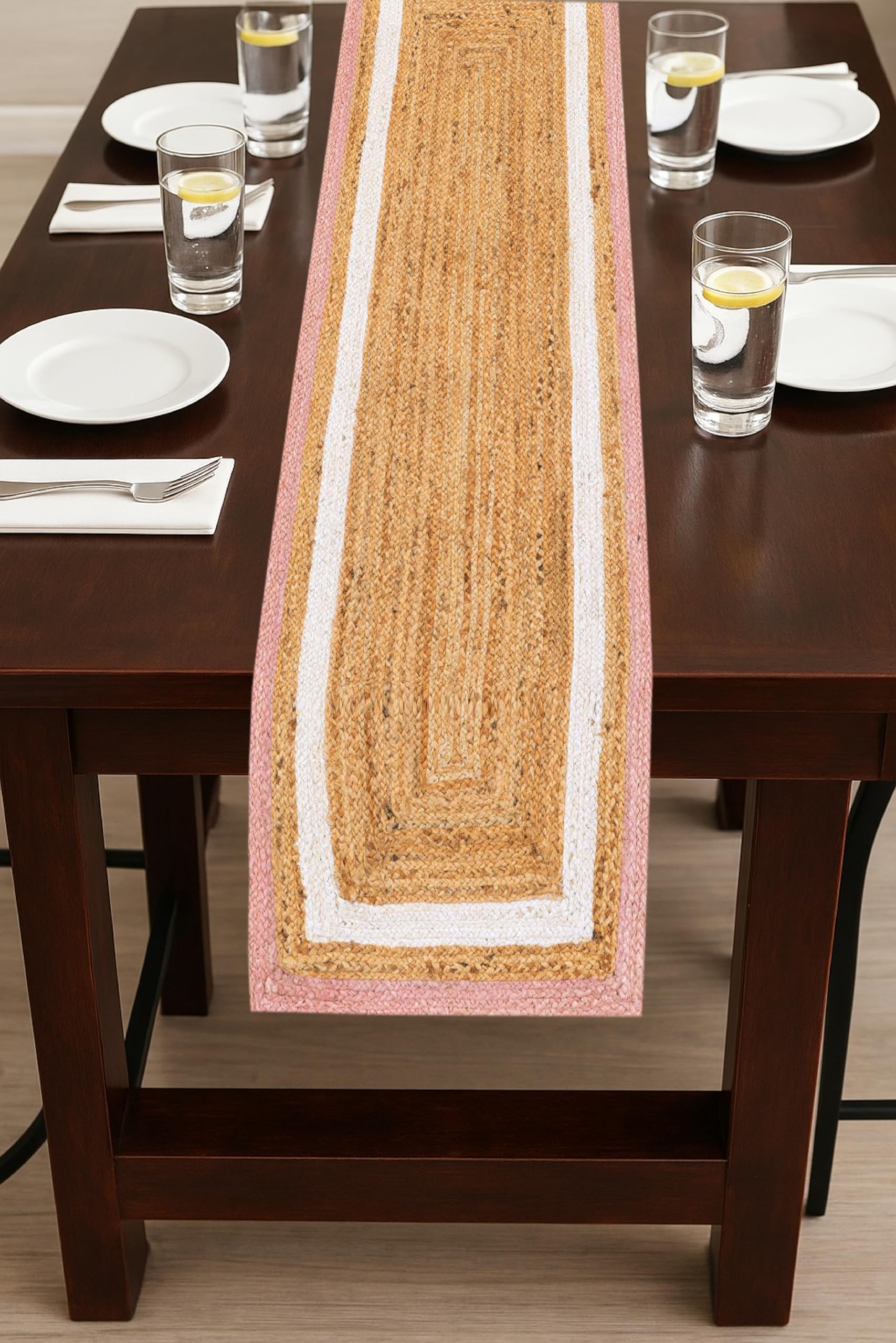(1 unidad) Alfombra de camino de mesa de yute beige rosa y blanco, 13 x 84 pulgadas, decoración india tejida a mano, mesa de comedor, cocina, mesa de café, decoración bohemia de granja