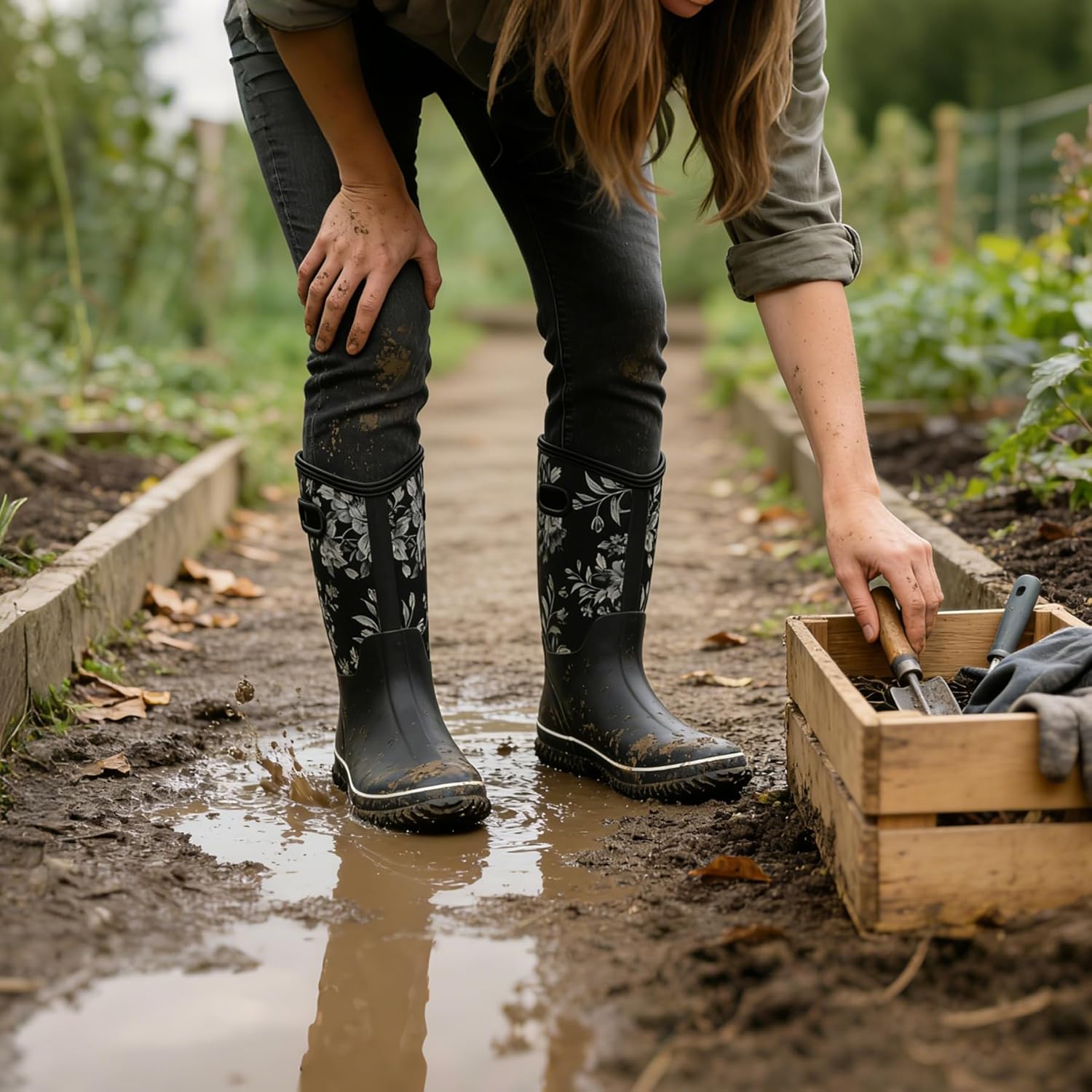 WTW Womens Mid Calf Rain Boots - Waterproof Insulated Neoprene Rubber Boots Mud Outdoor Hunting Garden Boots