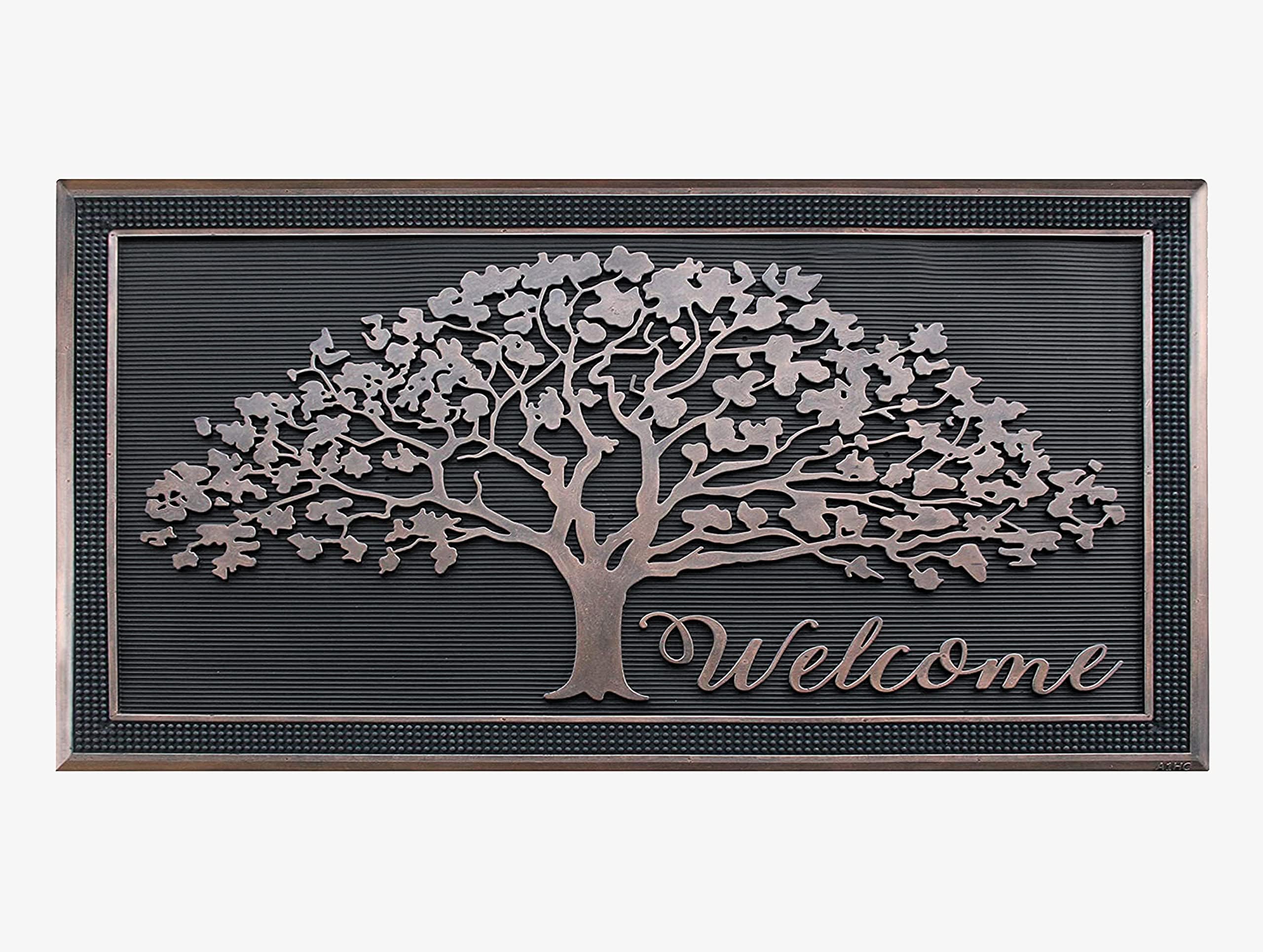 A1HC 100% Rubber Front Door Mat 30โx 48โ, Non-Slip Welcome Doormat, Rubber Thin Profile Heavy Duty Doormat, Indoor Outdoor, for Front Door, High Traffic Areas, Shedding Tree Design, Black/Copper