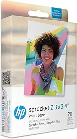 HP Sprocket — Papel fotográfico premium Zink Sticky Back (20 folhas), compatível com impressoras HP Sprocket Select e Plus.