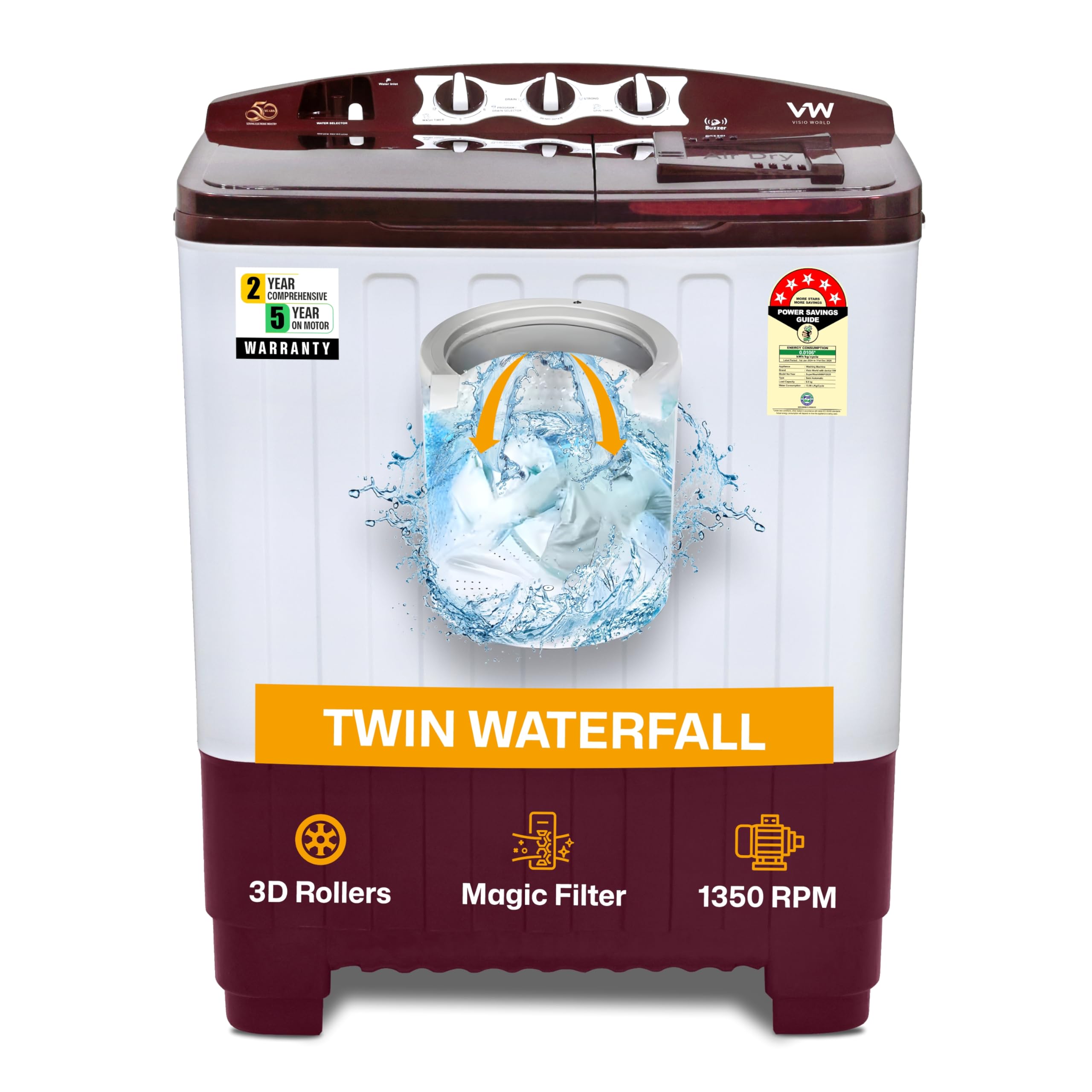 VW 8 kg 5 Star Super Wash Semi Automatic Top Load Washing Machine SuperWash0080P (White & Burgundy)