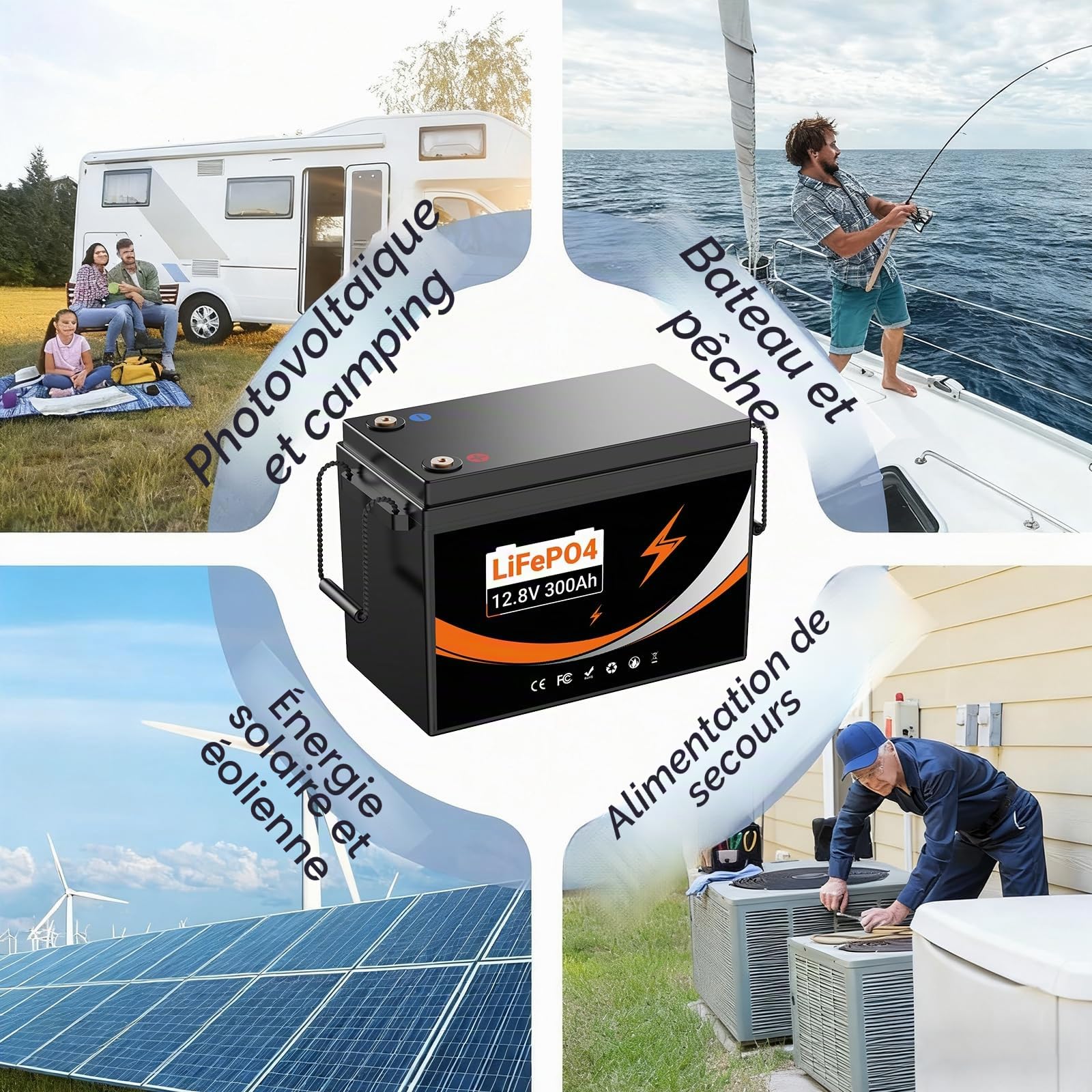 Batterie Lithium 12V(12.8V) 300Ah, Batterie LiFePO4 Rechargeable avec BMS 200A, 3840Wh, Pour Camping Car, Système Off-Grid, Bateau, Caravane, Solaire