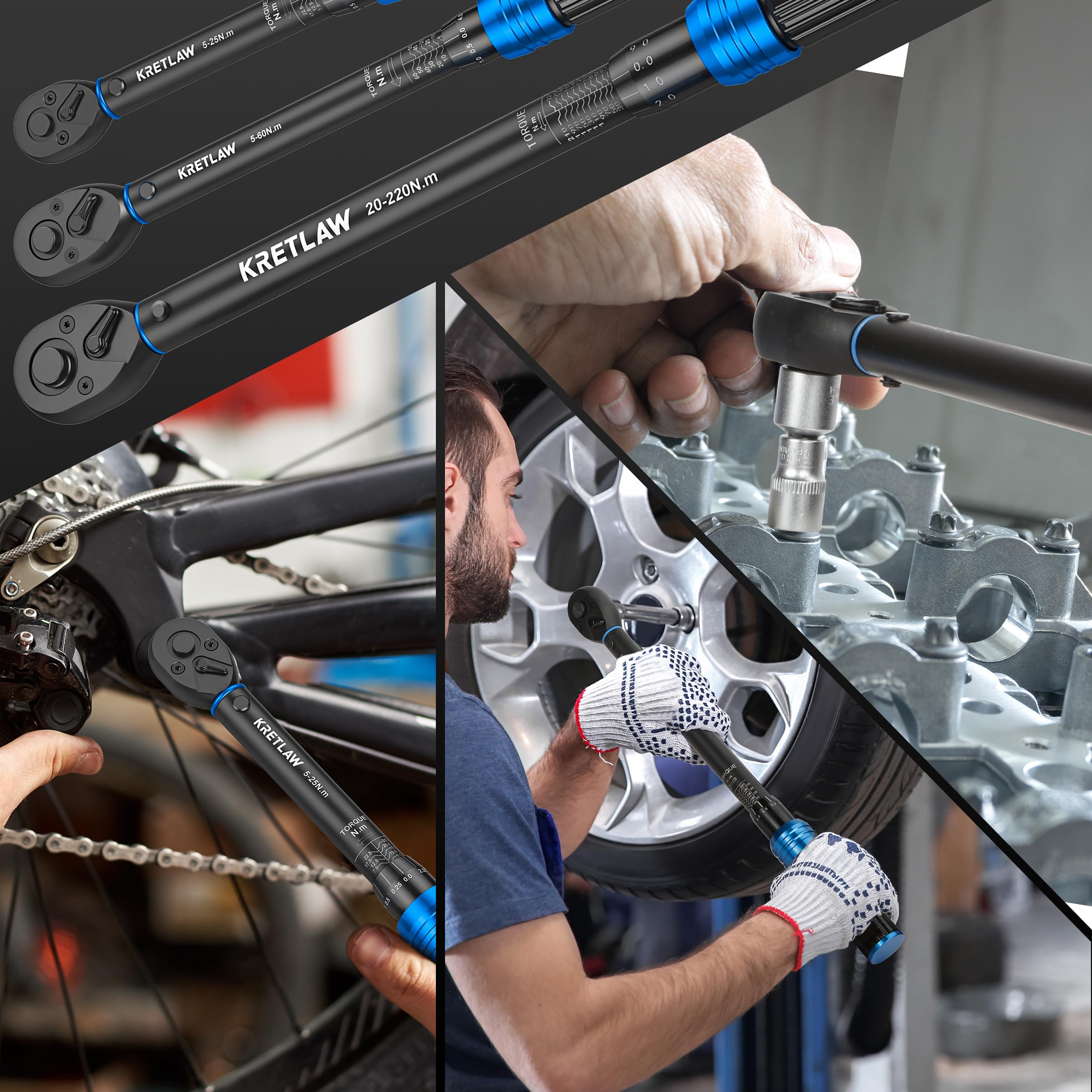 KRETLAW Kit de clés dynamométriques 1/2", 3/8" & 1/4", 6 pièces, 20-220Nm, ±3% précision, cliquet 72 dents