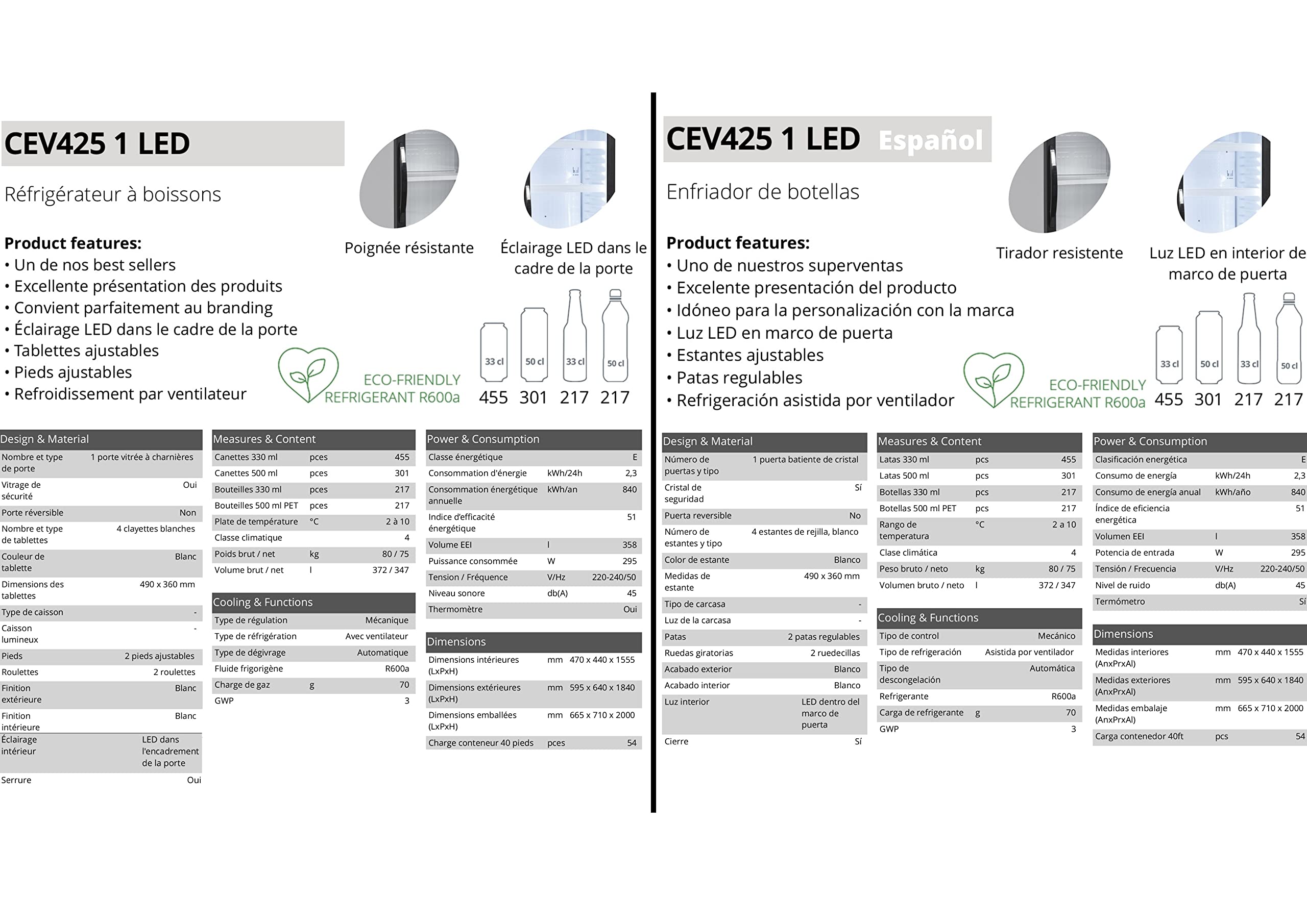 Tefcold CEV425 1 LED Frigorífico para Bebidas, Volumen Bruto 372 L, Nevera Expositora, Frigorífico con Puerta de Cristal, Rango de Temperatura 2 a 10 °C, Luz Interior LED dentro del Marco de Puerta