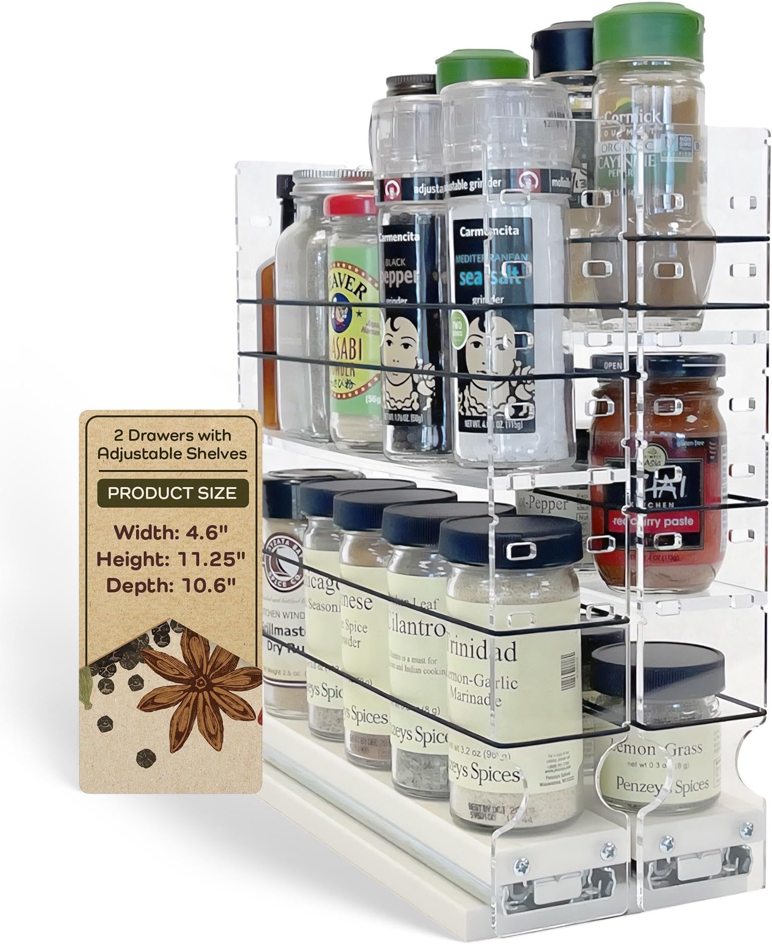 Vertical Spice Adjustable Spice Rack Drawer - Pull Out Cabinet Organizer - Kitchen and Pantry Organizers and Storage - Spice Caddy - 2 Drawers, 3 Upper Tier (4.6" W x 11.25" H x 10.6" D, Cream)