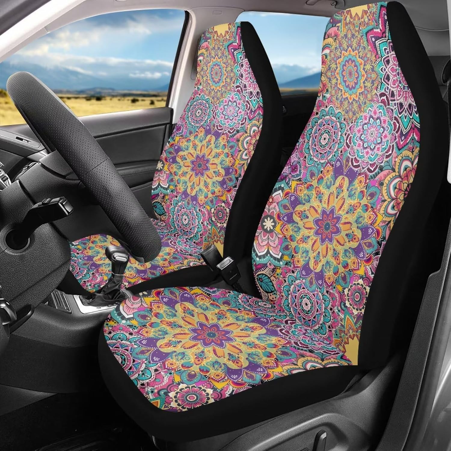 Mandala Floral Car Seat Covers Set of 2 Breathable Front Seat Covers Stretch Polyester Fabric Cover Soft Front Seat Cover Universal Fit for Auto SUV