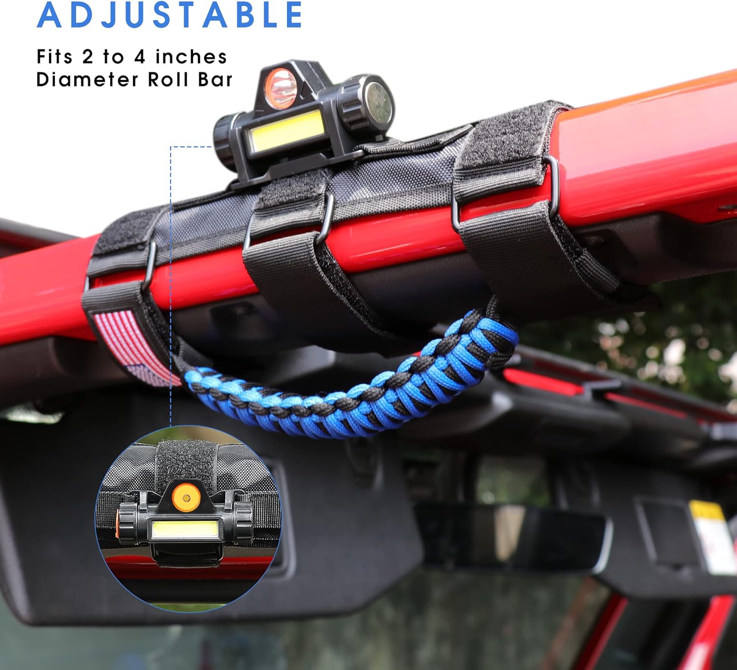 sukemichi Handles Grab Roll Bar Grab Handles with Light for Jeep Wrangler Accessories TJ JK JL YJ Unlimited Rubicon Sahara 2 Door 4 Door Jeep Gladiator JT, Rechargeable Dome Light, Blue, 2 Pack
