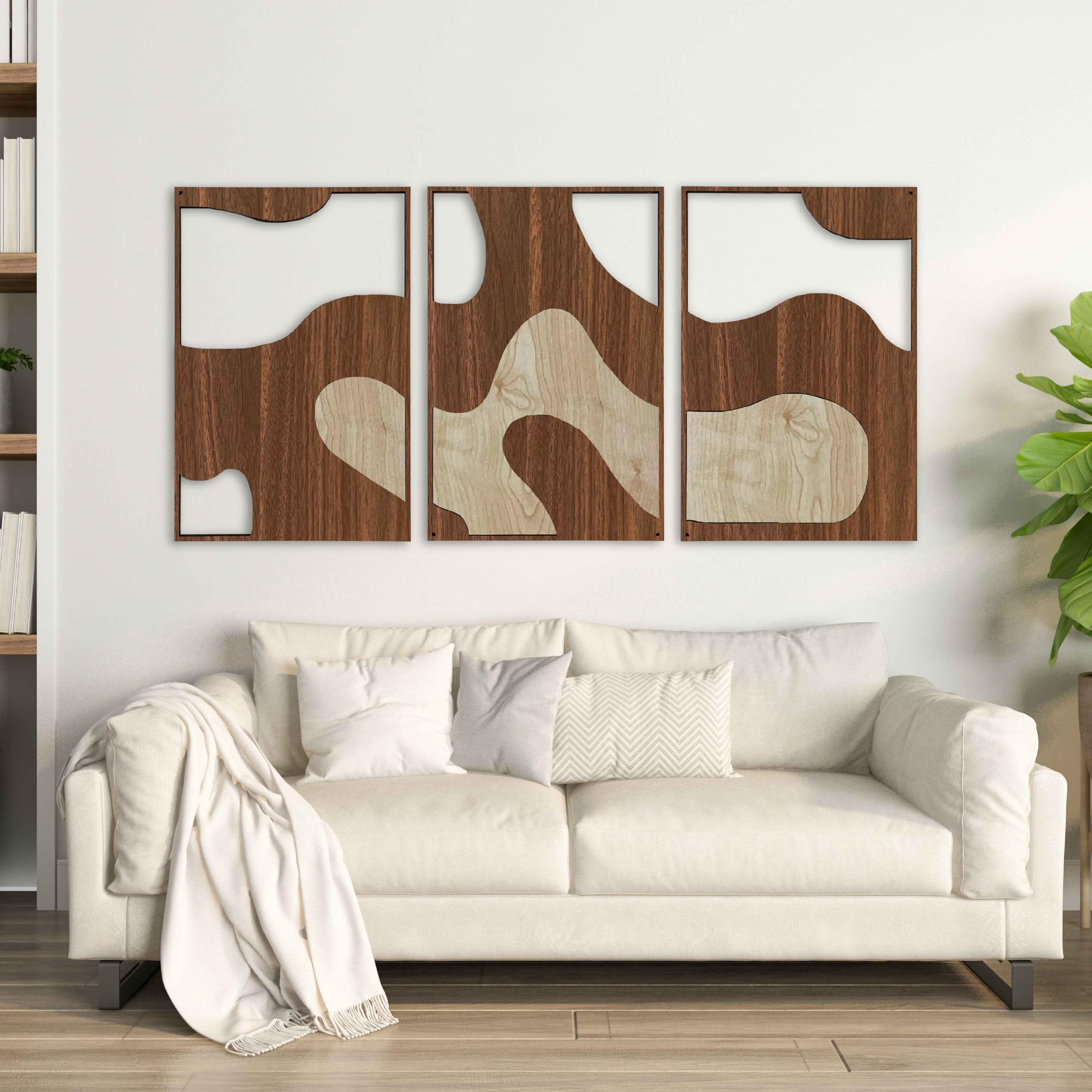 Neutrale Holzwandkunst, groß, Set mit 3 abstrakten Holz-Wanddekorationen, Erdton, moderne Wandpaneele, einzigartige Dekoration über dem Bett, Geschenk für Wohnzimmer und Schlafzimmer