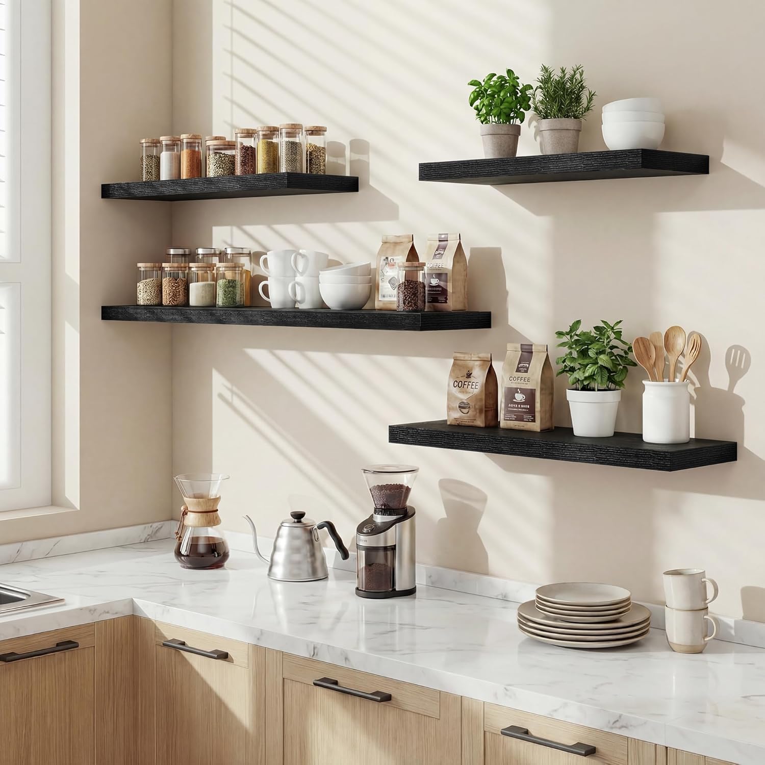 Acovy Floating Shelves for Wall,18 Inch Black Wall Shelves Set of 2,9.3" Deep Floating Shelf with Invisible Bracket,Wall Mounted Storage Shelf for Farmhouse Home Decor,Living Room,Bedroom,Bathroom