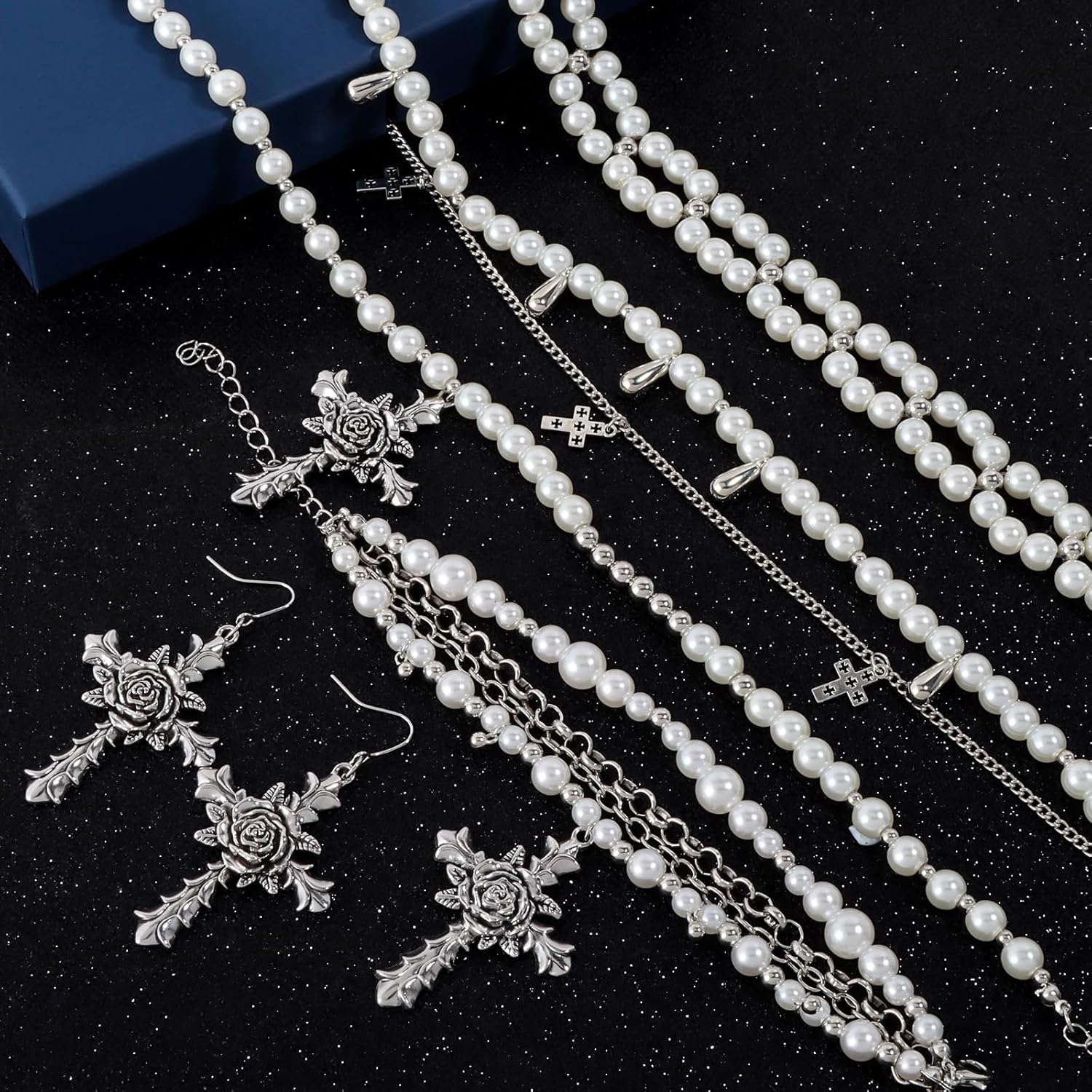 Layered Pearl Necklace Gothic Cross Pearl Stacked Necklace Bracelet Earrings for Women - Image 9