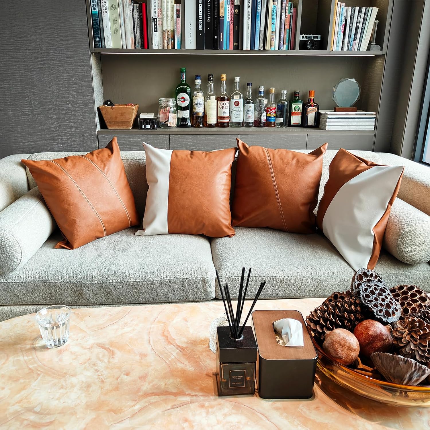 Faux Leather Throw Pillow Covers 20X20 Inch Barcelona Brown Outdoor Modern Farmhouse Solid Decorative Pillow Covers for Room Couch Living Bedroom Bed Sofa