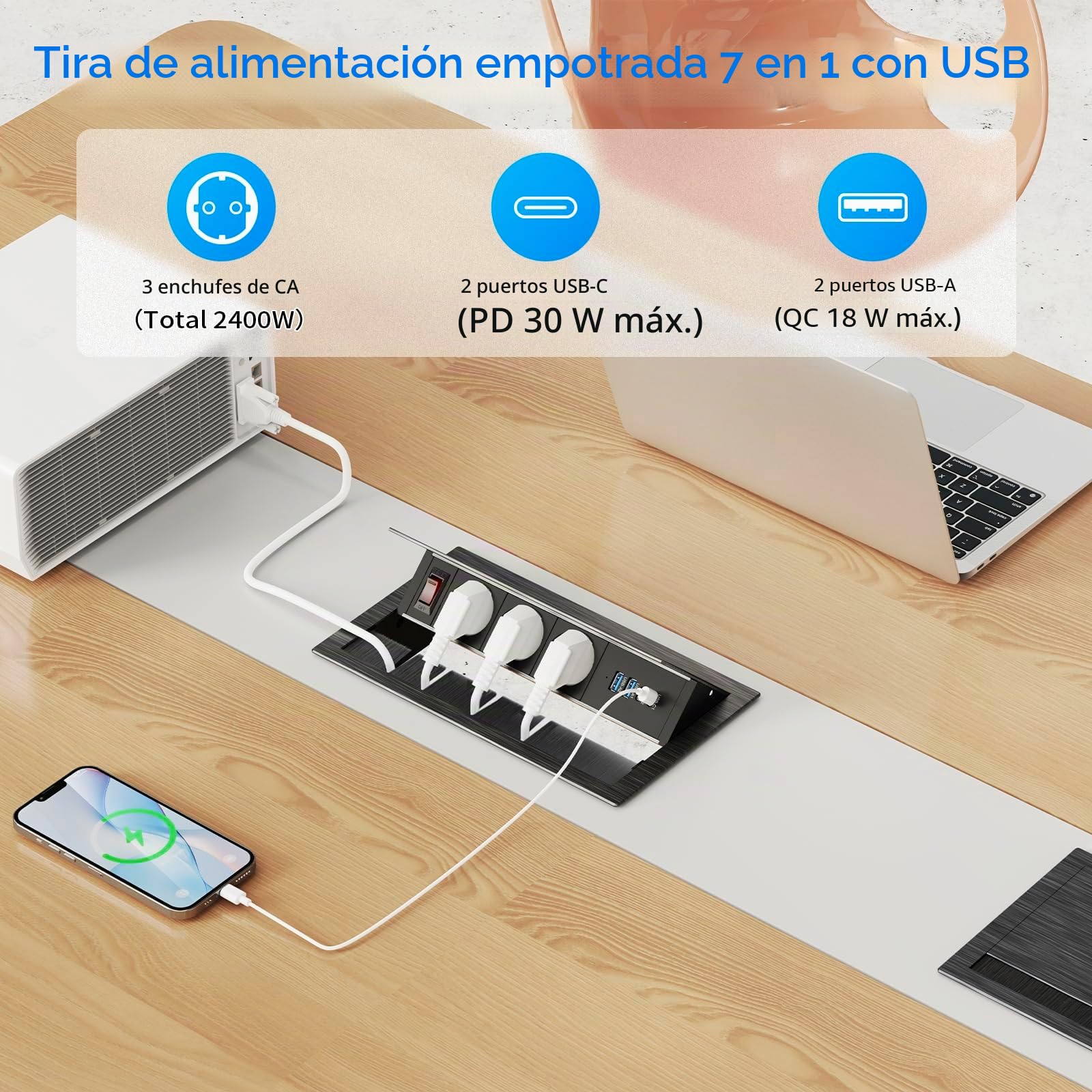 Enchufe empotrable con 2 USB-C PD 30W y 3 Tomas, Aluminio | Regleta empotrable con 4 USB, 2 USB-A QC18W, tapa abatible ajustable, cable 1,8 m, escritorio y cocina, negro