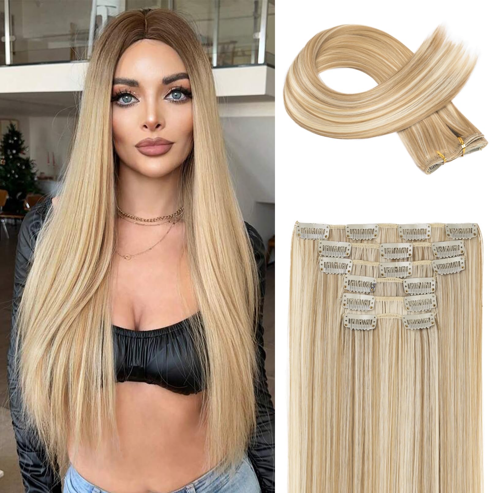FLUFYMOOZ 6PC Clip in Hair Extensions 24" Straight Long Extensions for Women Synthetic Hairpiece (Dark Blonde with Highlights)