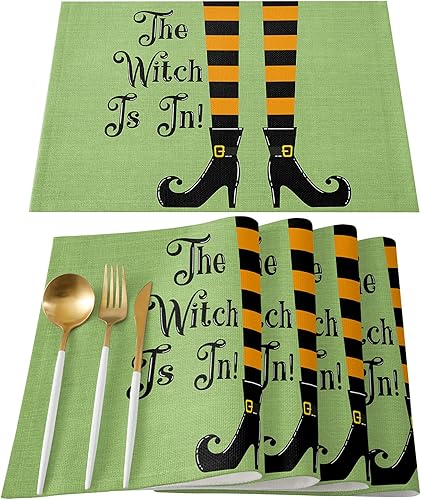 Halloween Placemats Set of 4, The Witch is in Place Mats Funny Legs Green Backdrop Tablemats Washable Placemat Table Decoration for Kitchen Table