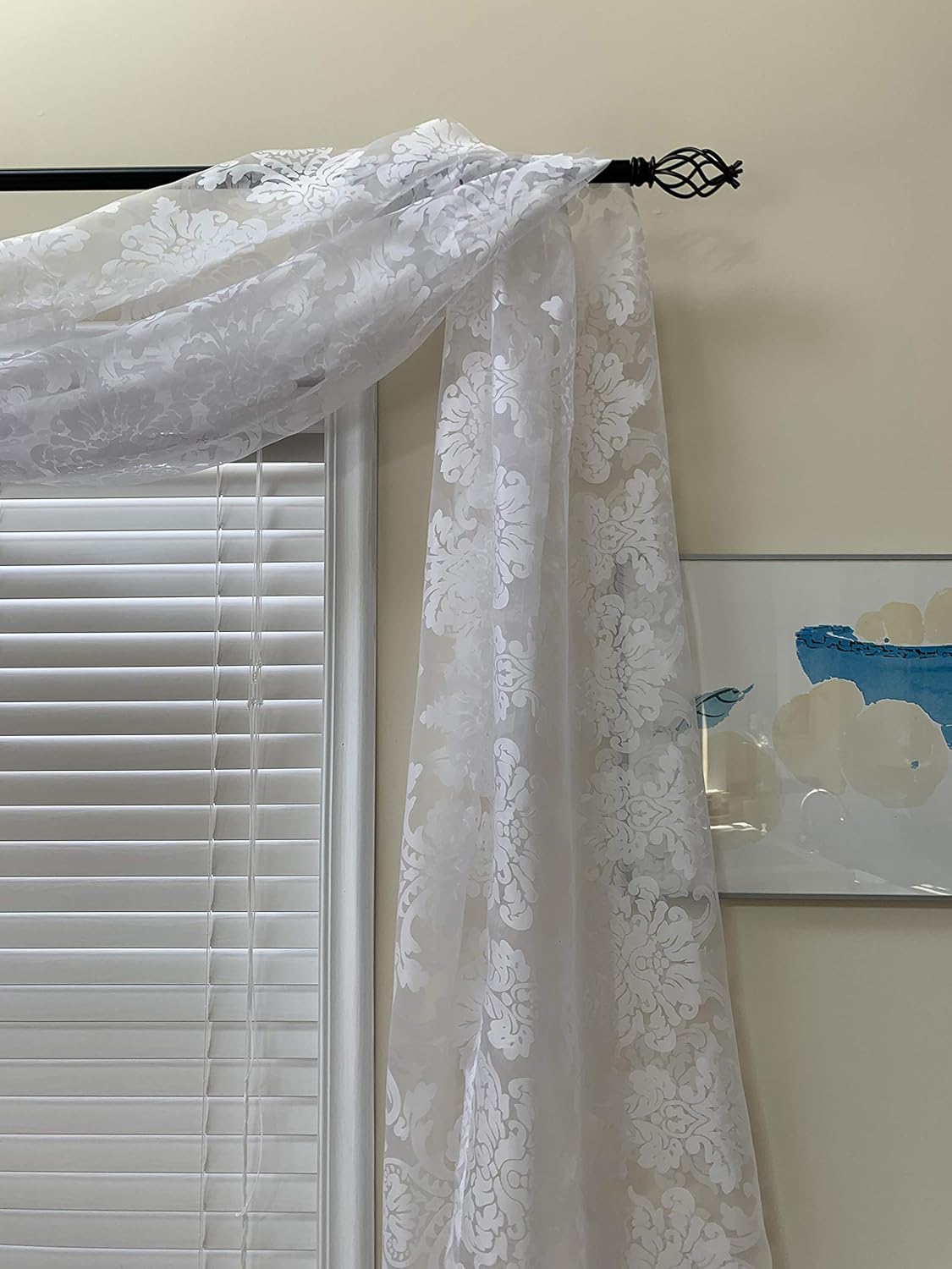 Damask Sheer Window Scarf Valance White Sheer Window Scarf Window Valance (White, 50W X 144L)