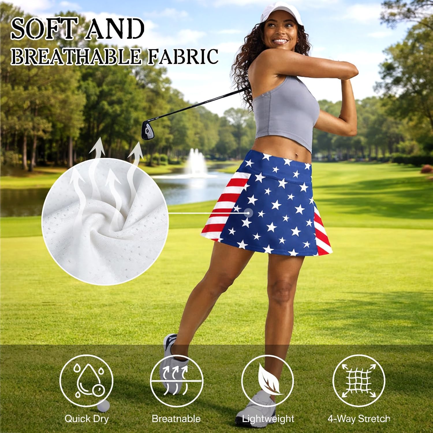 American Flag Patriotic Women Skirts with 3 Pockets Athletic Tennis Skorts for Running Workout Fourth of July Outfit
