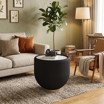 Modern Round Coffee Table, Drum Coffee Table with Sintered Stone Tabletop, Fluted PU Leather Covered and Metal Base, 19.7" Black Coffee Table for Living Room Home Office