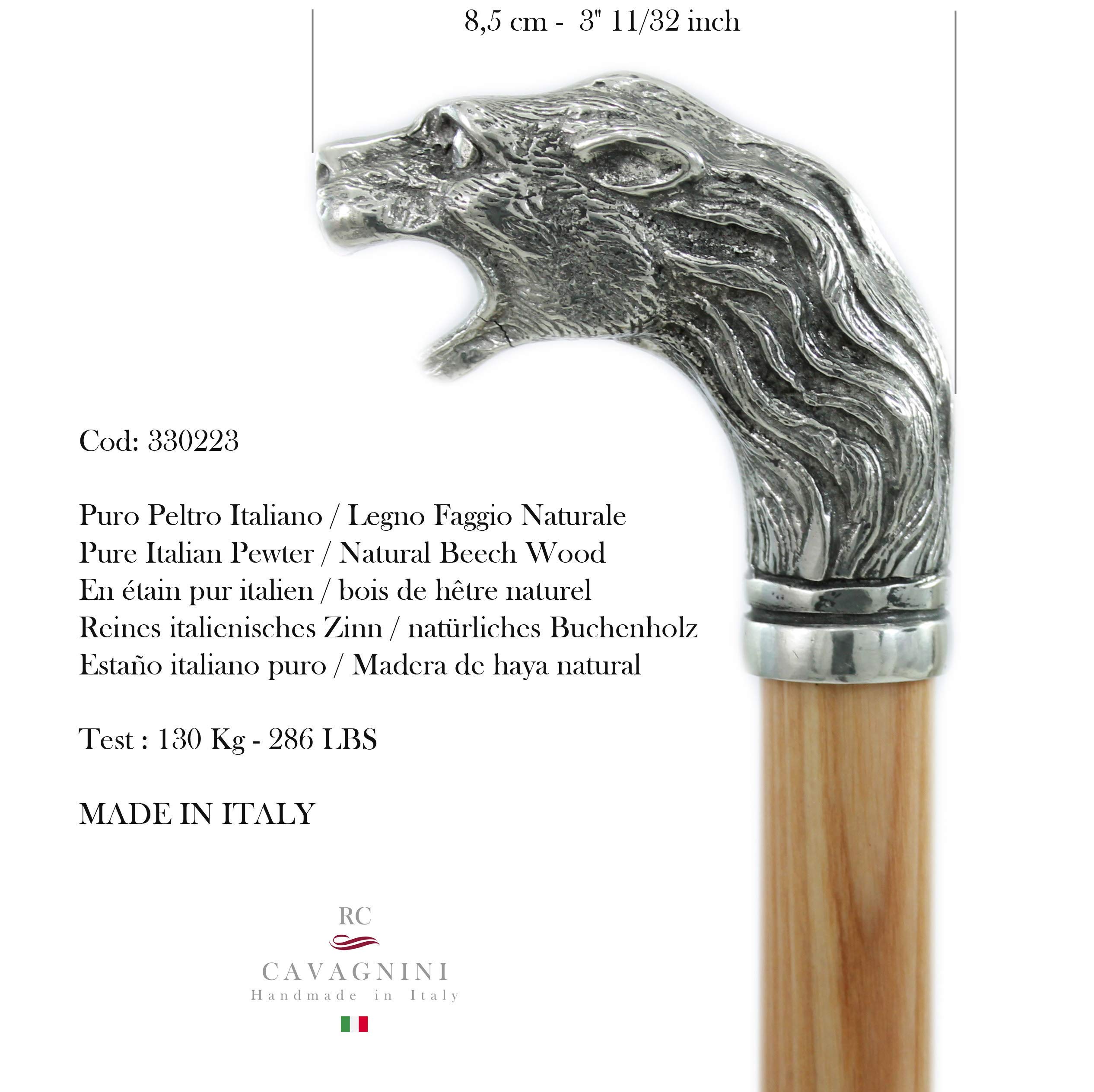 Bastón de paseo CAVAGNINI de madera y peltre puro León elegante para personas mayores, ceremonia (Faje natural)