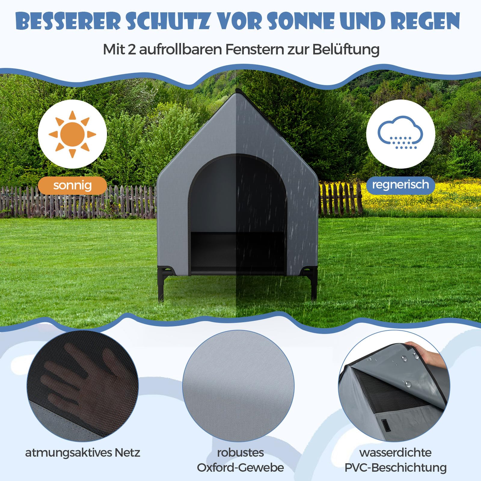PawHut Hondenhok, outdoor, hondentent met mesh-venster, verhoogd hondenbed met afneembaar deksel, draagtas, hondenmand voor kleine, middelgrote honden, Oxford, grijs, 81 x 51 x 78 cm