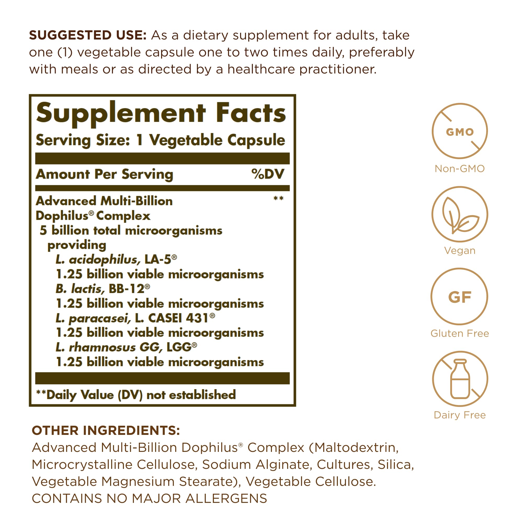 Solgar Advanced Multi-Billion Dophilus 60 Vegetable Capsules – Multi-Strain Probiotic Supplement to Support Gut Flora Balance, No Refrigeration Needed, Premium Quality for Adults
