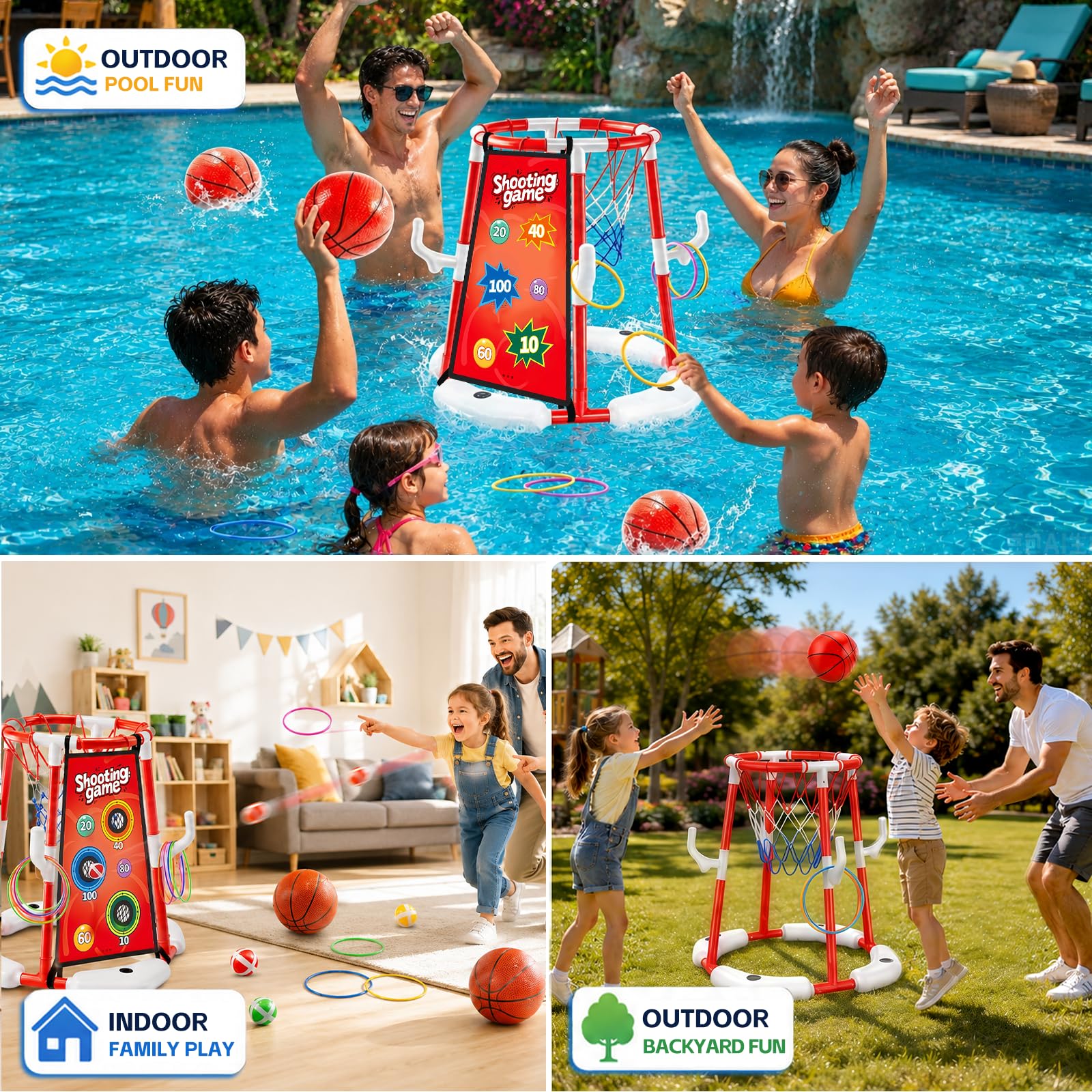 Ronronner Panier de basketball 3 en 1 pour piscine, jouet de piscine avec lancement de balle collante et lancement d'anneaux, 12 balles adhésives, 4 ballons de basket-ball, jouet aquatique pour