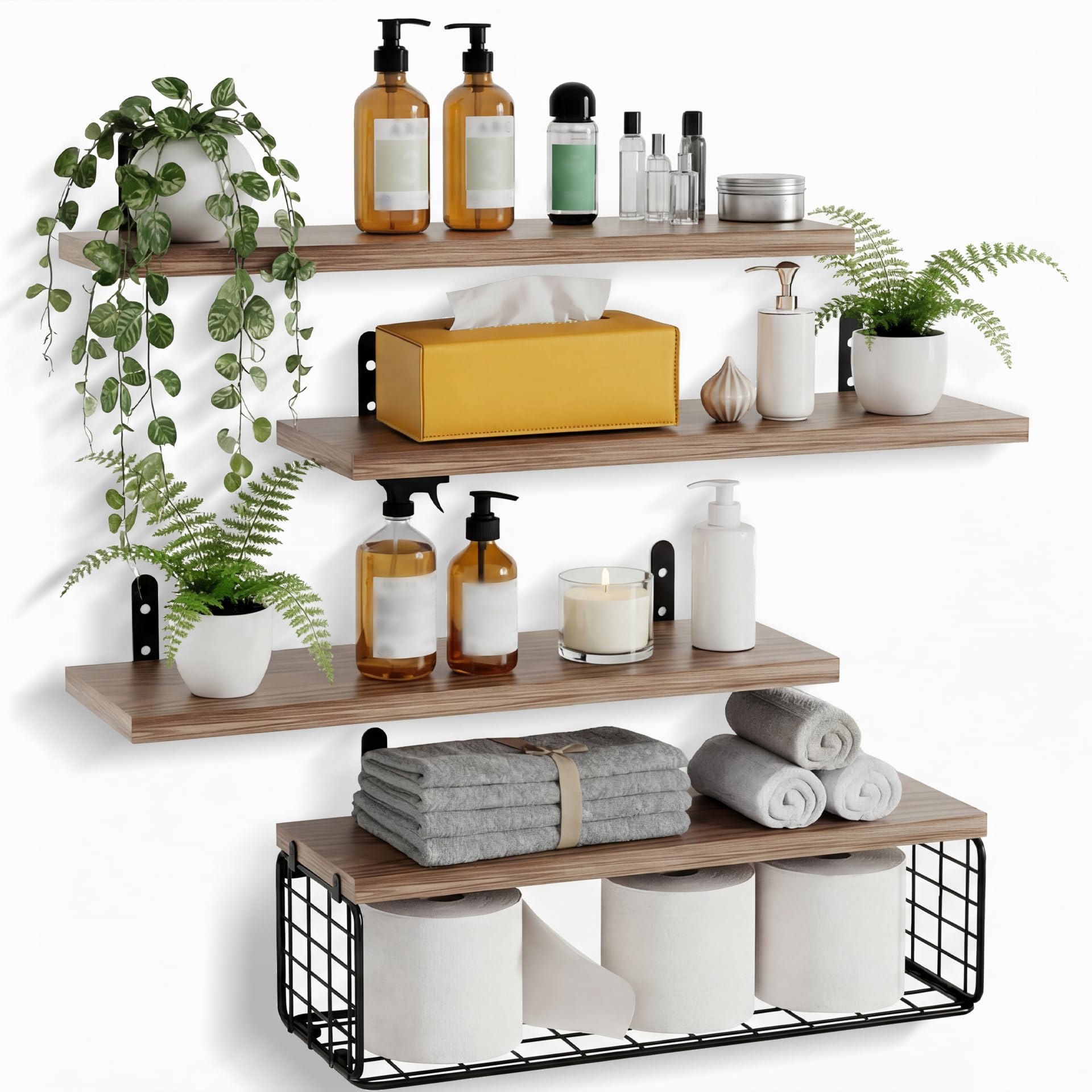 FREEAMG Floating Shelves with Wire Storage Basket, Wood Floating Shelves for Wall Decor, Wall Mounted Shelves for Bathroom, Living Room, Bedroom, Kitchen, Set of 4+1 (Brown)