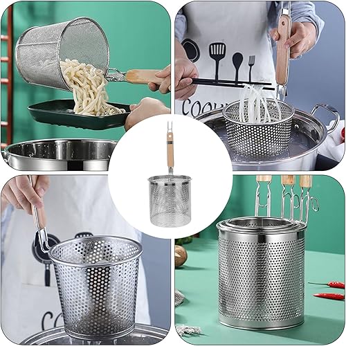 Miniatura 8 de Angoily Cesta de malla para pasta, colador de alimentos con mango redondo de madera, colador de araña de malla de acero inoxidable para pasta,