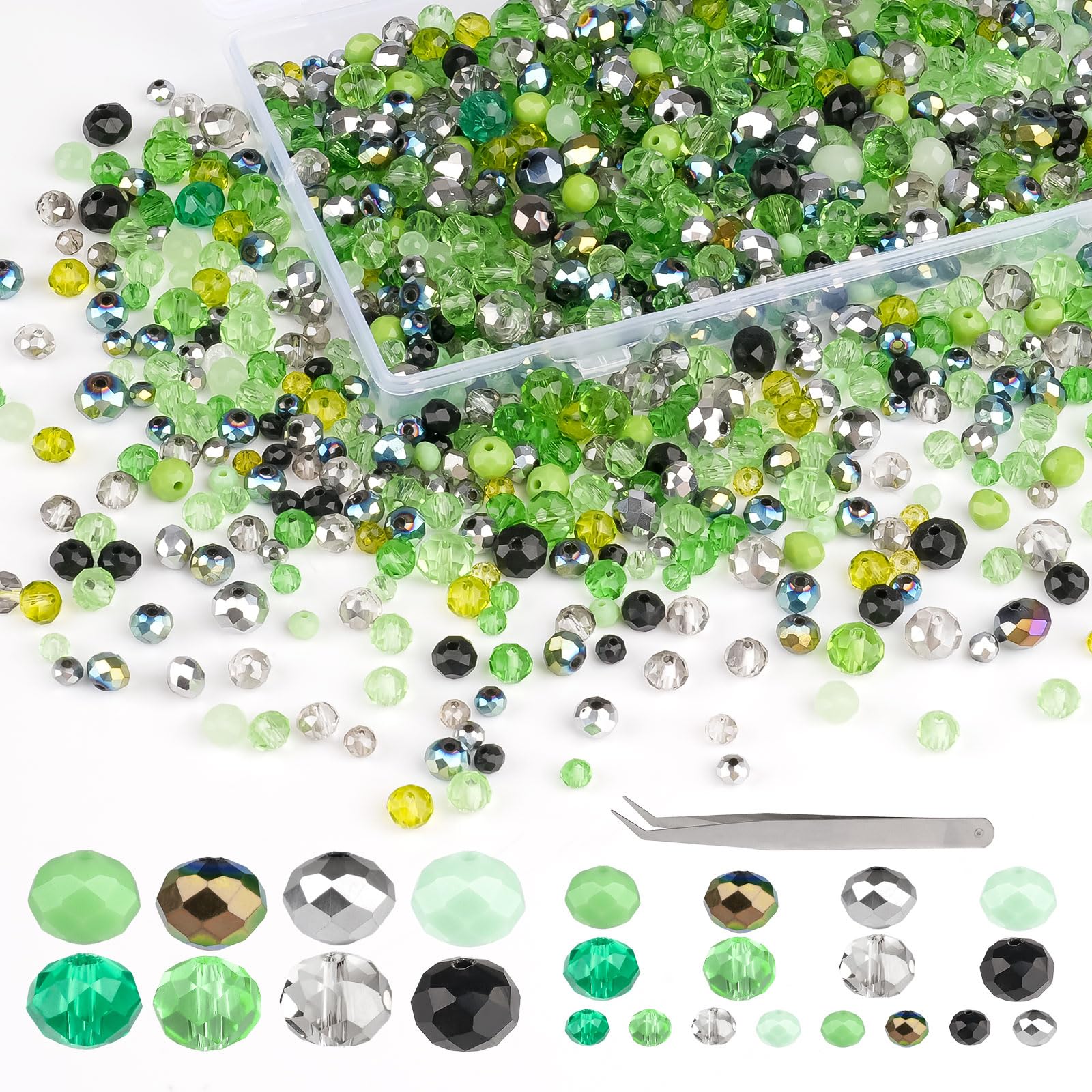 Perlen Zum Auffädeln, 1000 Stückt Grün Facettierte Perlen mit Pinzette, 4mm/6mm/10mm Kristall Perlen zum Auffädeln Schmuckherstellung, DIY Halsketten, Ohrringe
