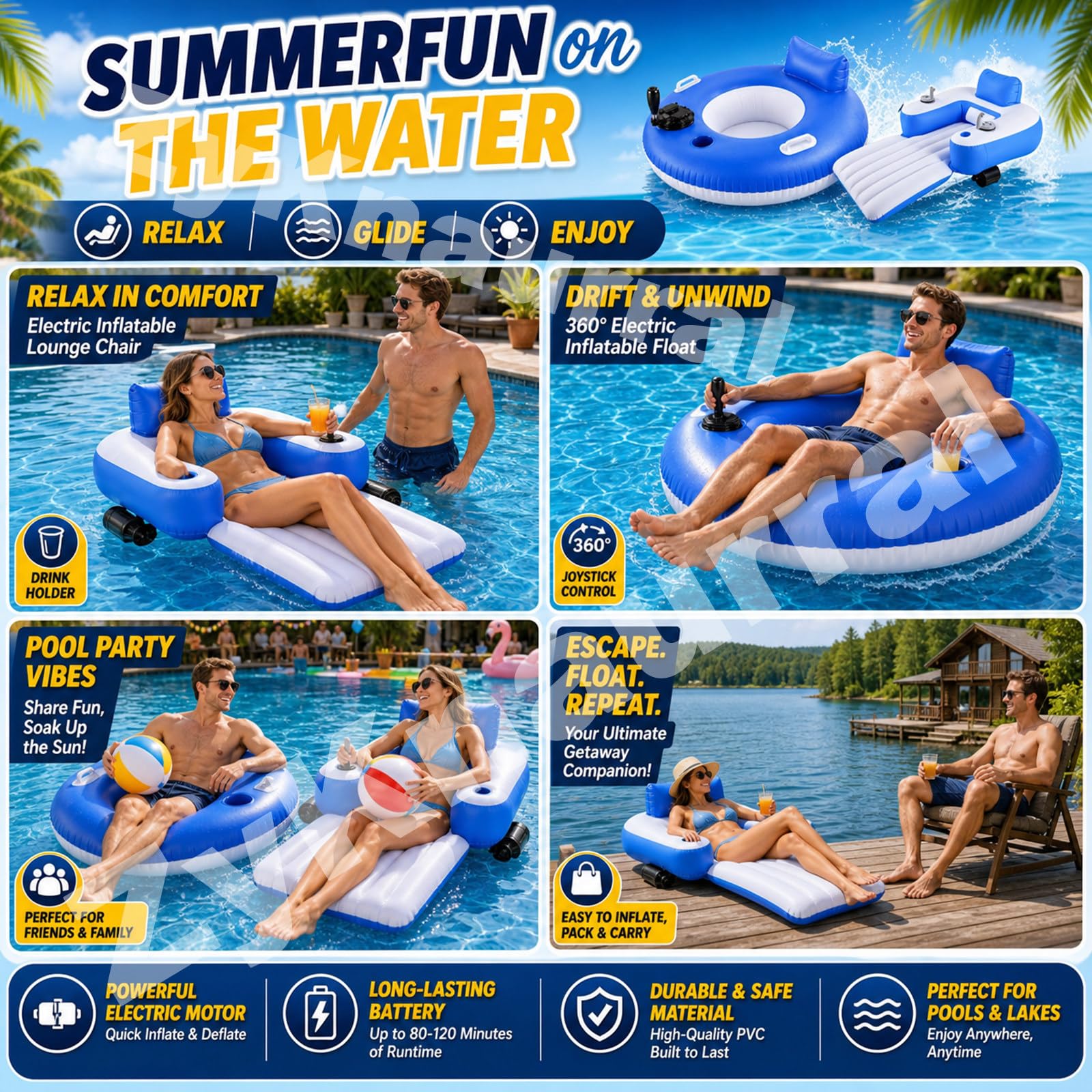 Flotador De Piscina Motorizado,Tumbona Inflable De Agua con Control Joystick 360°, Flotador De Sillón De Agua Portátil para Adultos Playa De Verano BatteryOperated-B