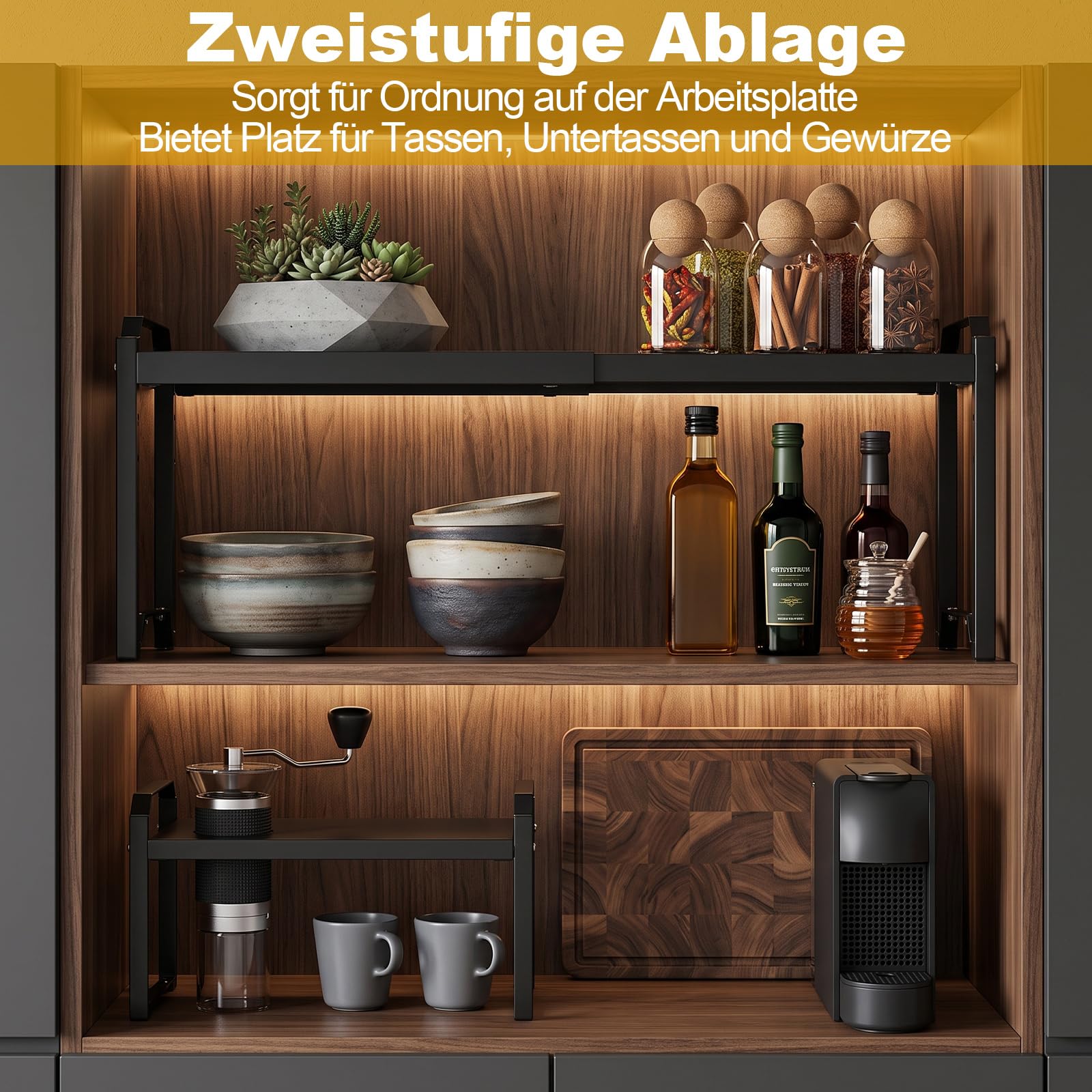 YOUNTHYE 2 scaffali da cucina, piano di lavoro, scaffali estensibili in acciaio al carbonio, inserto regolabile in altezza per armadio da cucina, portaspezie, organizer per cucina e dispensa