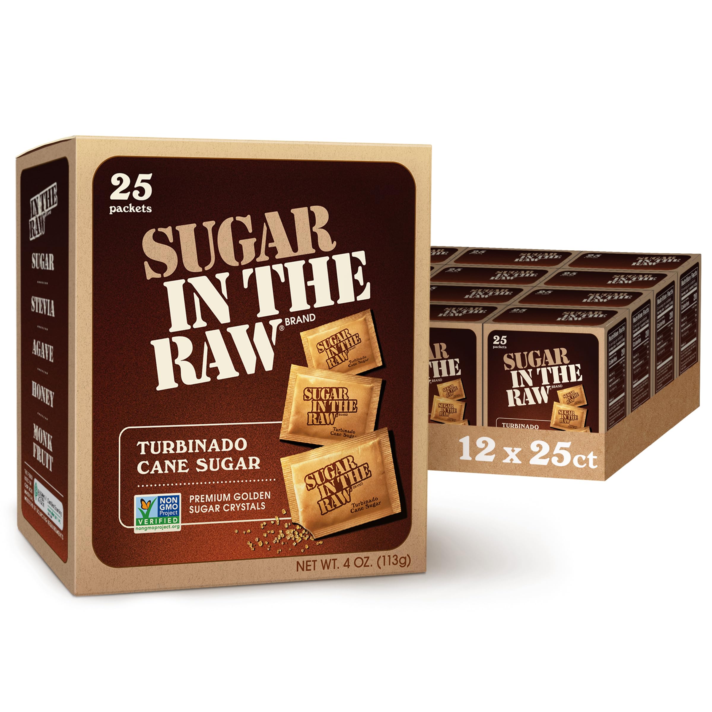 Sugar In The Raw Turbinado Cane Sugar Packets, 25 Ct Box, 12 Pack, Pure, All-Natural Turbinado Sugar, Non-GMO Project Verified, Kosher, Vegan and Gluten Free
