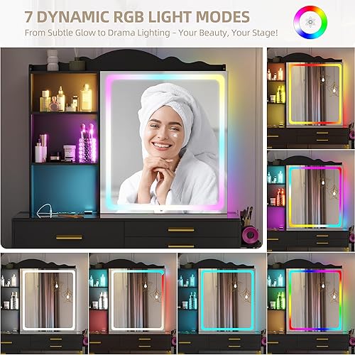 Miniatura 3 de Gurexl Escritorio RGB con espejo deslizante y luces LED, 7 dinámicos y 24 estáticos regulables con parte superior de cristal, tocador con estación