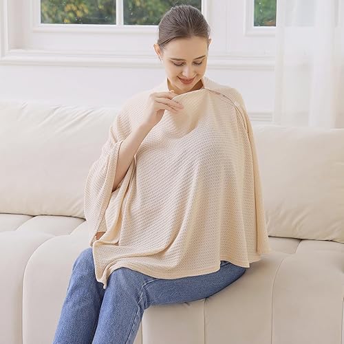 Miniatura 5 de Funda de lactancia de punto para lactancia materna, transpirable y suave, cuello ancho con elástico para una fácil visión (crema)