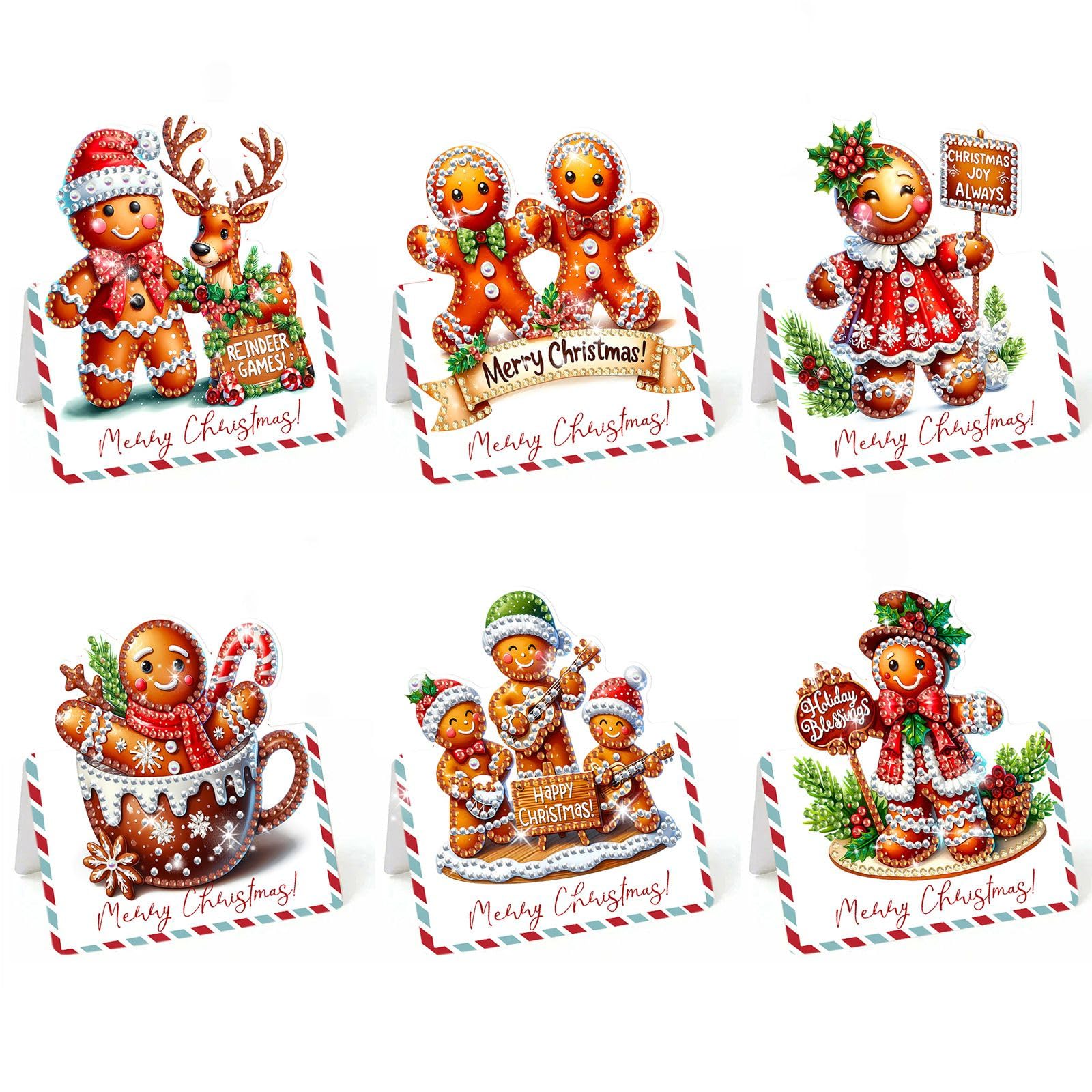 Lebartm 6Pcs 3D Folding Greeting Card DIY Diamond Art Painting Foldable Thank You Cards with White Envelopes Blessing Greeting Card Set for Festival Holiday-Gingerbread Man โ image 1