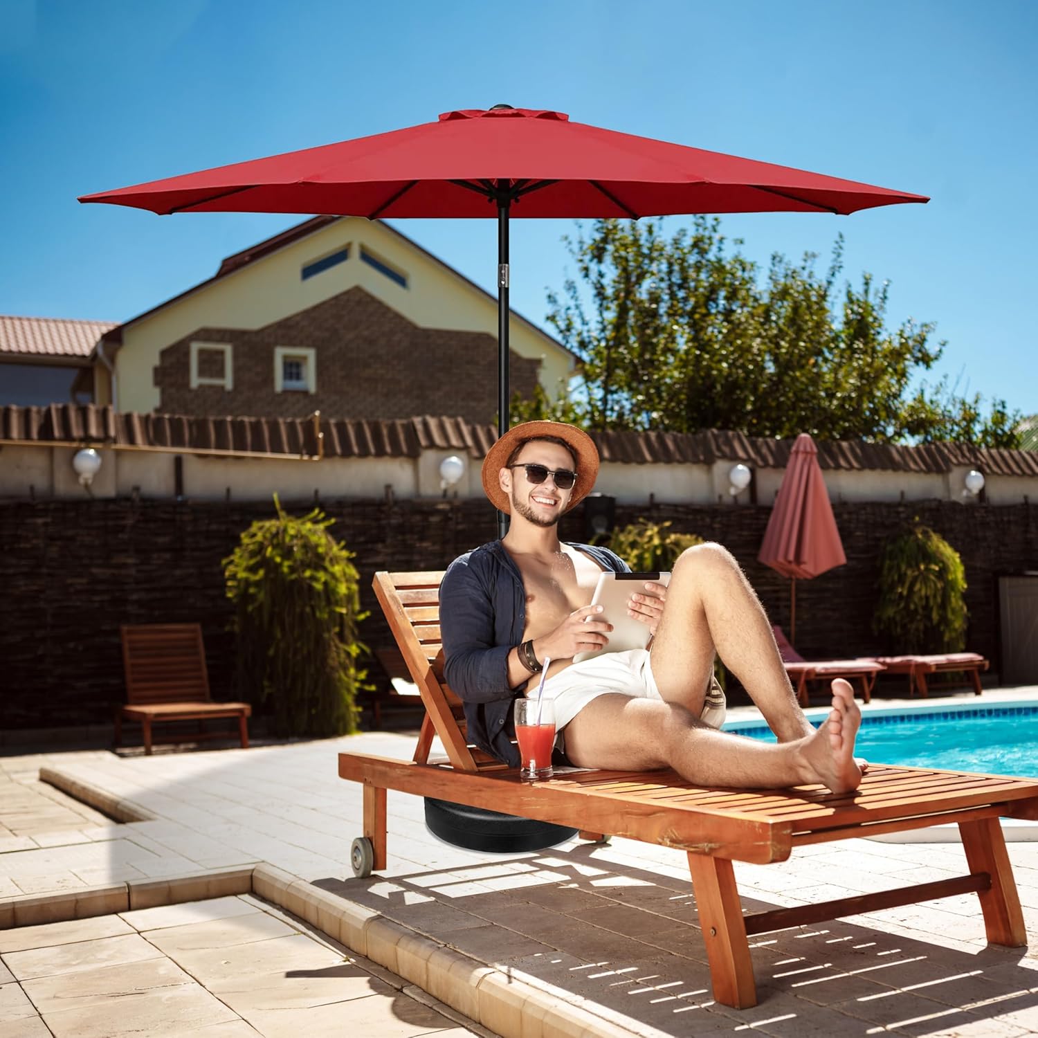 HealSmart 2pcs 9ft Patio Umbrella with Push Button Tilt/Crank, Outdoor Table Market Yard Umbrella with 8 Sturdy Ribs for Garden, Backyard, Deck, Pool, Red