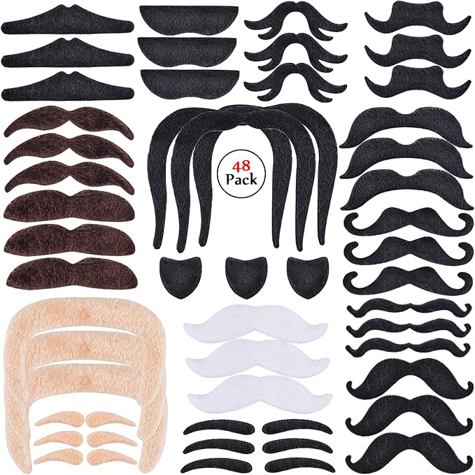 48 Fausses Moustaches Autocollantes - Déguisement Halloween, Fête Déjantée - Pour Ados & Adultes