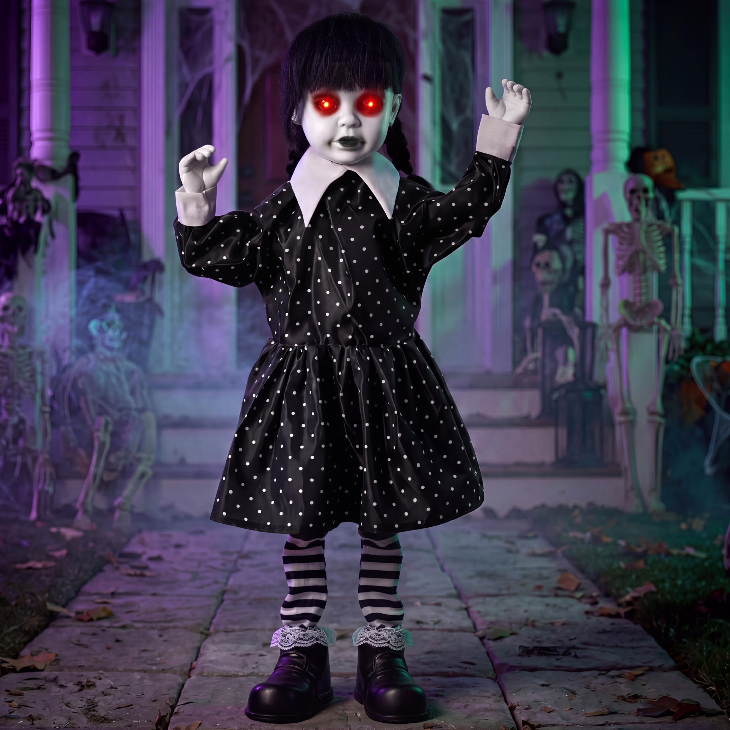 JOYIN 80cm animatronische Halloween-Dekoration, Geisterpuppe für den Außenbereich, geräuschaktivierte gruselige Mädchenfigur mit leuchtenden LED Augen unheimlichen Geräuschen, schaurige Requisite