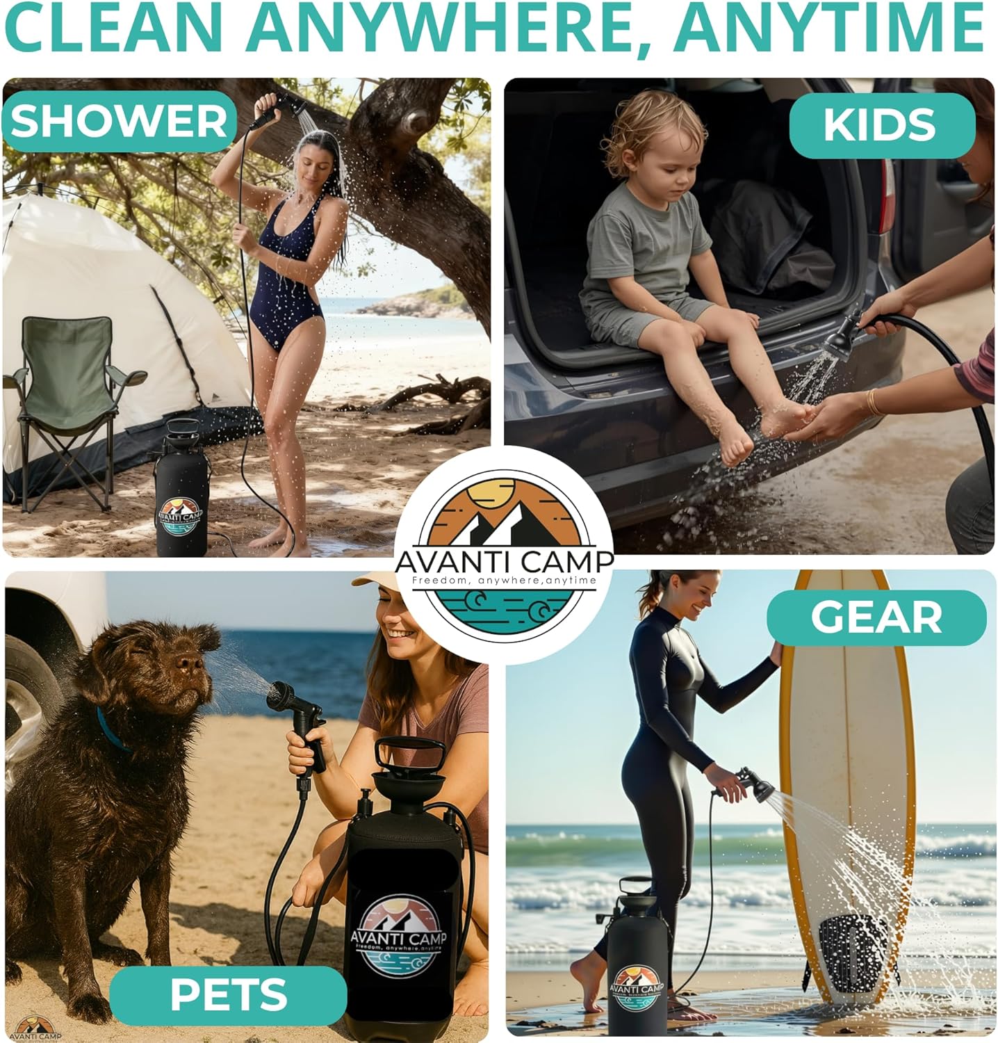 Pressurized Camping Shower (8L/2.1 Gal) – Portable Beach Shower for Surfing, Camping & Van Life – Outdoor Rinse Kit with Hand Pump & 10 Spray Modes – Portable Water Sprayer Pets & Gear | AVANTI CAMP