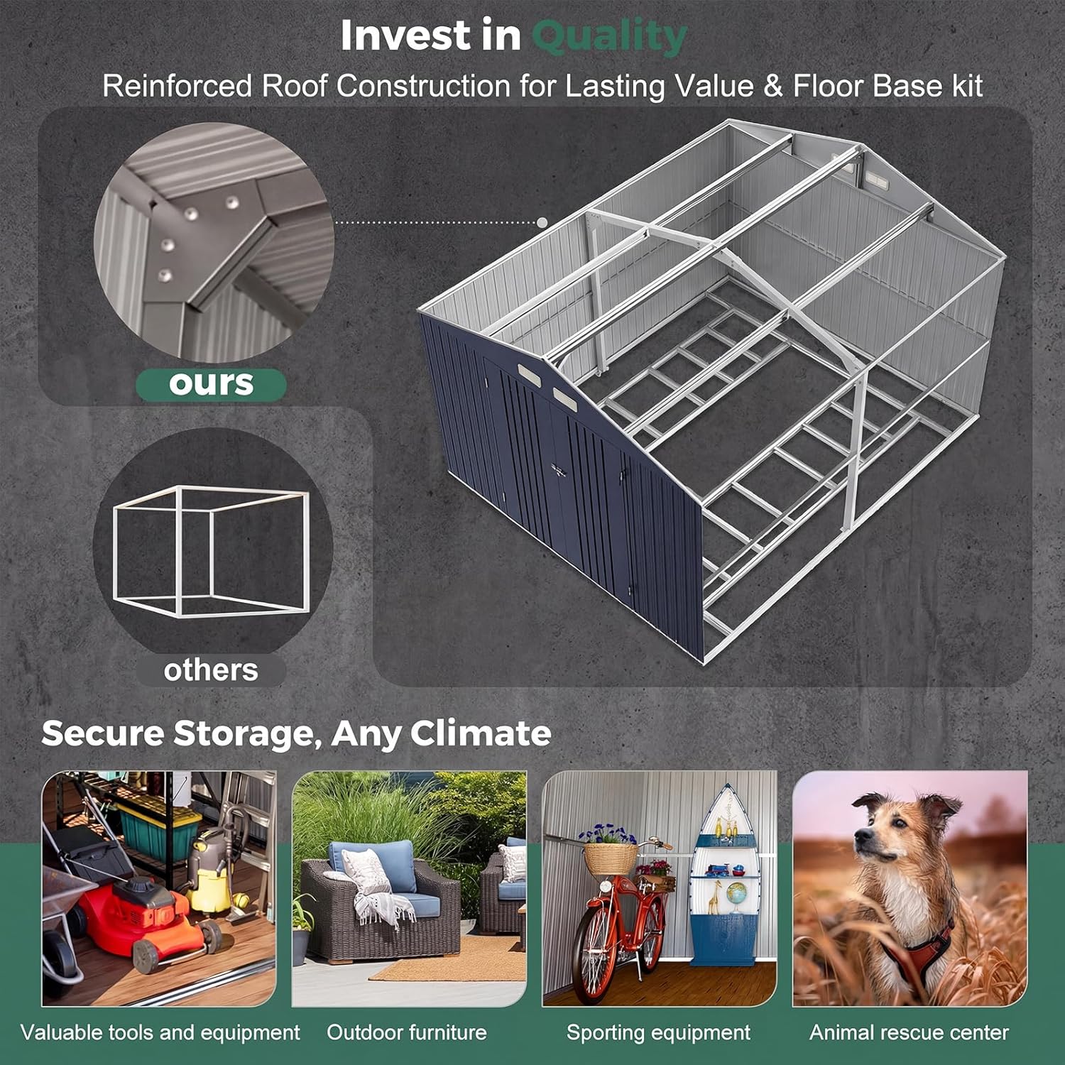 WACASA 10x12 FT Metal Shed with Base Frame Floor Kit | Heavy-Duty Military-Grade 20-Gauge Reinforced Frame with Powder Coating | 50 PSF Snow Load & 120 MPH Wind Rated | Skylight Tiny House Building