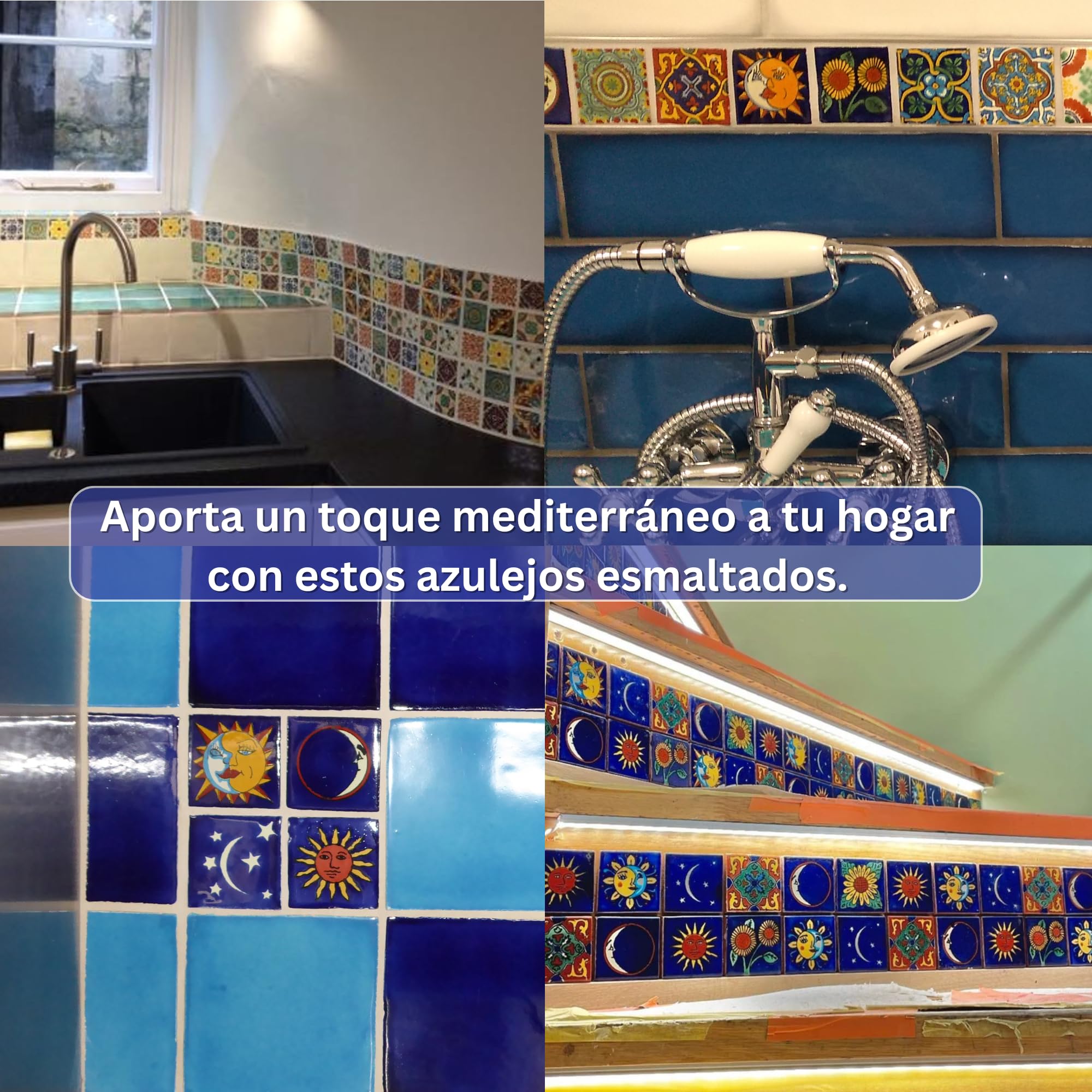 Pack de 50 Azulejos Mexicanos Artesanales de Talavera de 5cm: Sol y Luna