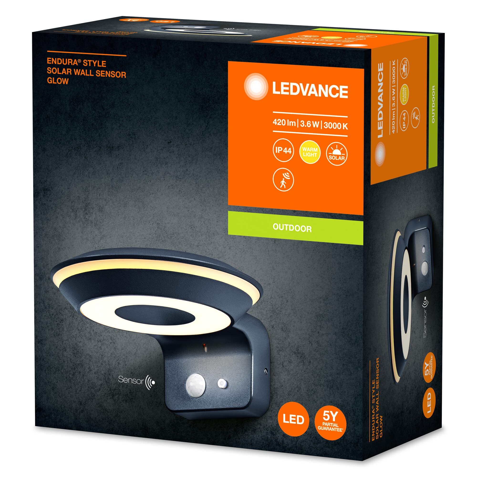 LEDVANCE Applique murale solaire ENDURA Style Glow, deux anneaux lumineux contrôlables séparément, lumière blanc chaud 3000K, capteur intégré, utilisable sans alimentation, protection IP44, gris foncé