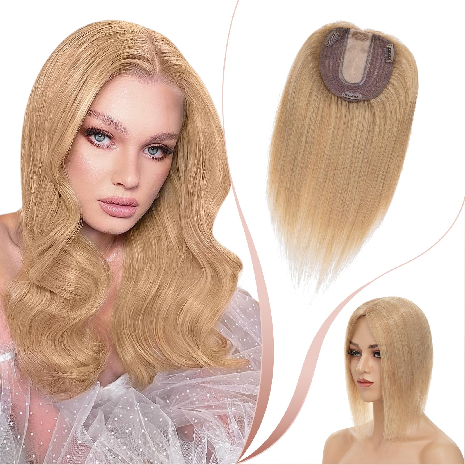 Elailite Human Hair Toppers For Women uk Thinning Hair Real Hair - Clip in Toupee Extensions MIDDLE SILK BASE (2.5 * 9cm) Crown HairPiece (#27 Dark Blonde, 14 Inch)
