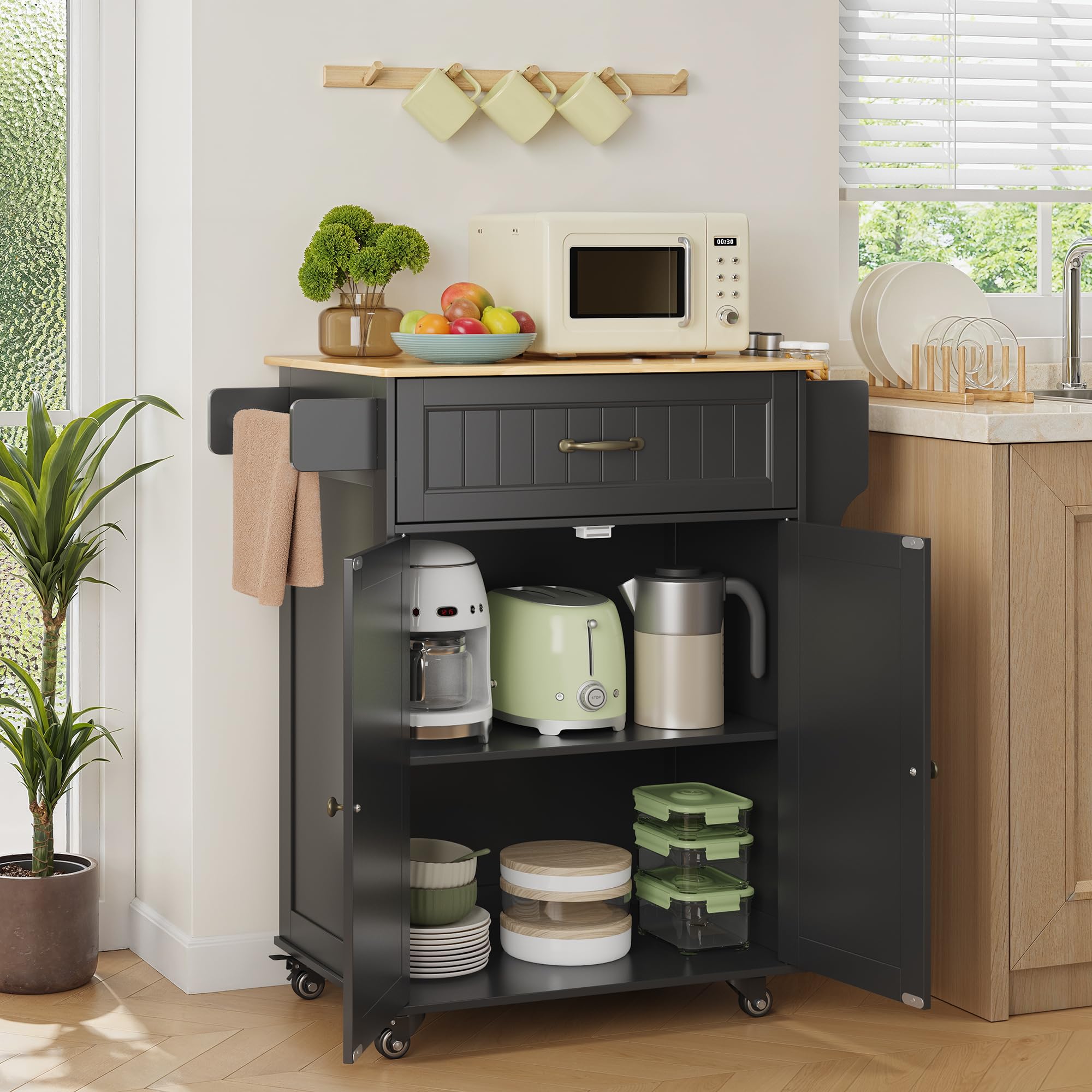 Bealife Isla de Cocina con Ruedas, Carro de Cocina con Cajón, Armario, Estante Lateral para Especias y Toallero, Mueble Auxiliar de Almacenamiento para Comedor (Negro)
