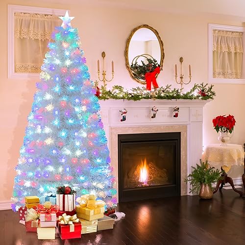 Miniatura 3 de HAPPYGRILL Árbol de Navidad de fibra óptica preiluminado de 7 pies, árbol de Navidad artificial blanco con 270 puntas de rama, 270 luces LED