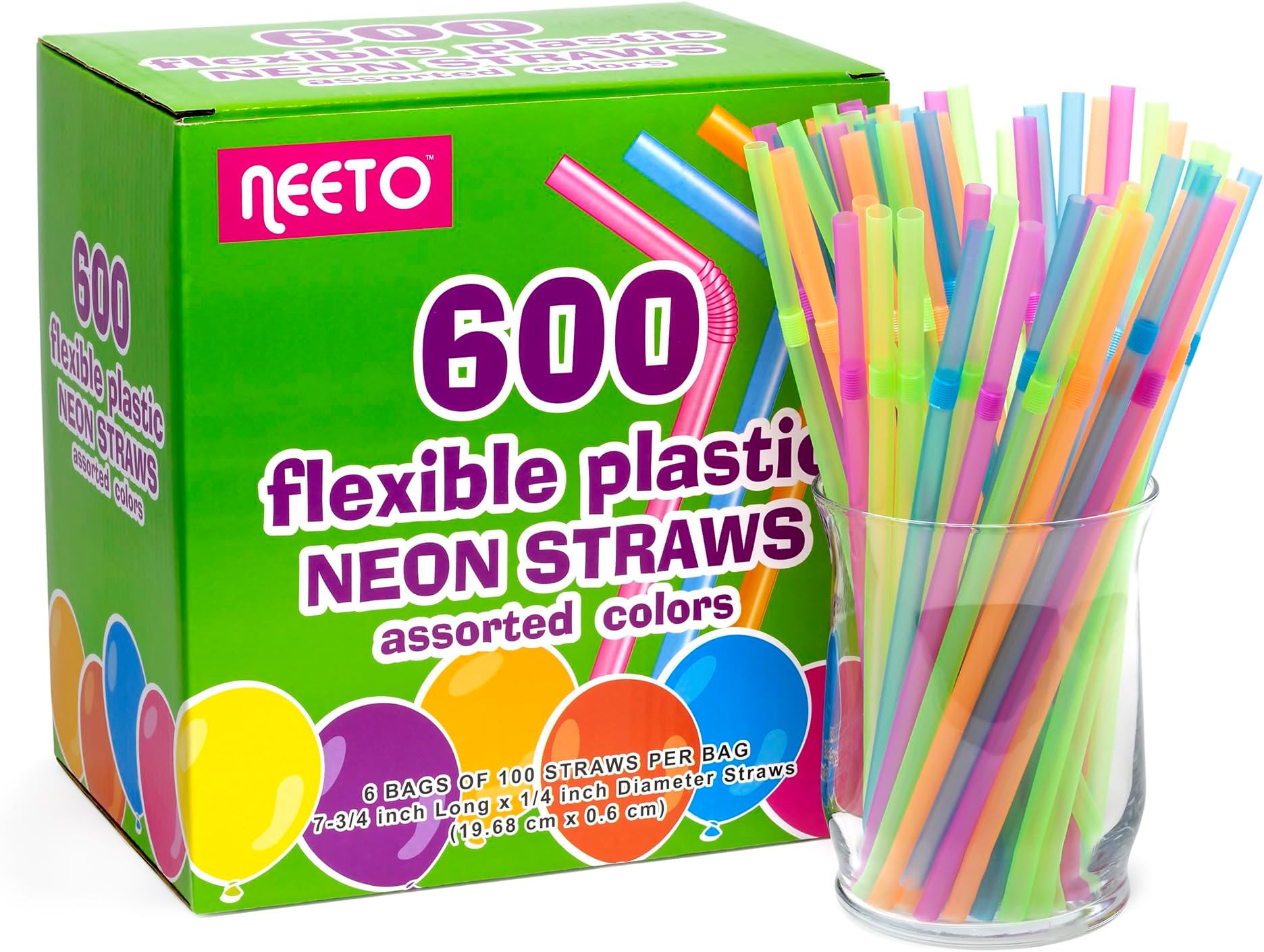 Neeto Plastic Neon Color Straws 7.75" 600 Count