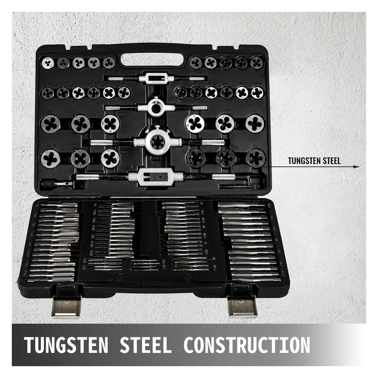 Juego de combinación de machos y matrices de 110 piezas, herramientas métricas de acero de tungsteno con caja métrica
