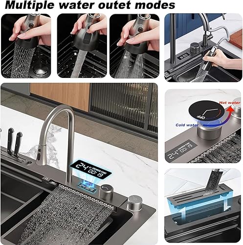 Miniatura 3 de Nano 304 Fregadero de cocina de acero inoxidable con diseño de cascada, pantalla digital, lavadora de tazas a presión, caja portacuchillos