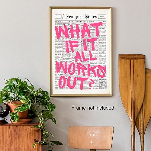 Miniatura 5 de Lienzo de periódico retro con fuente rosa, arte de pared con texto en inglés What If It All Workout, póster con cita de afirmación positiva,